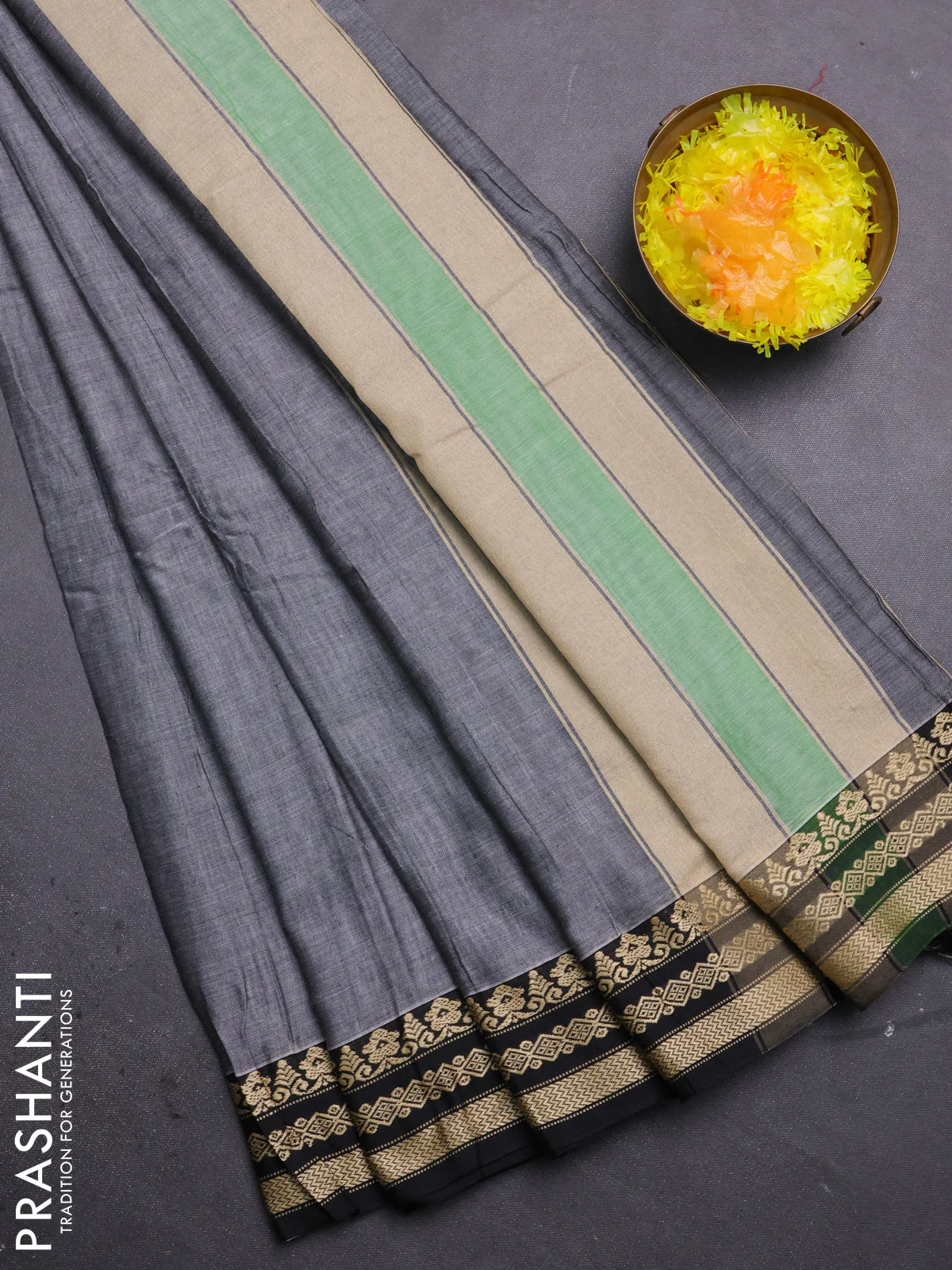 Narayanpet cotton saree grey and black with plain body and thread woven border