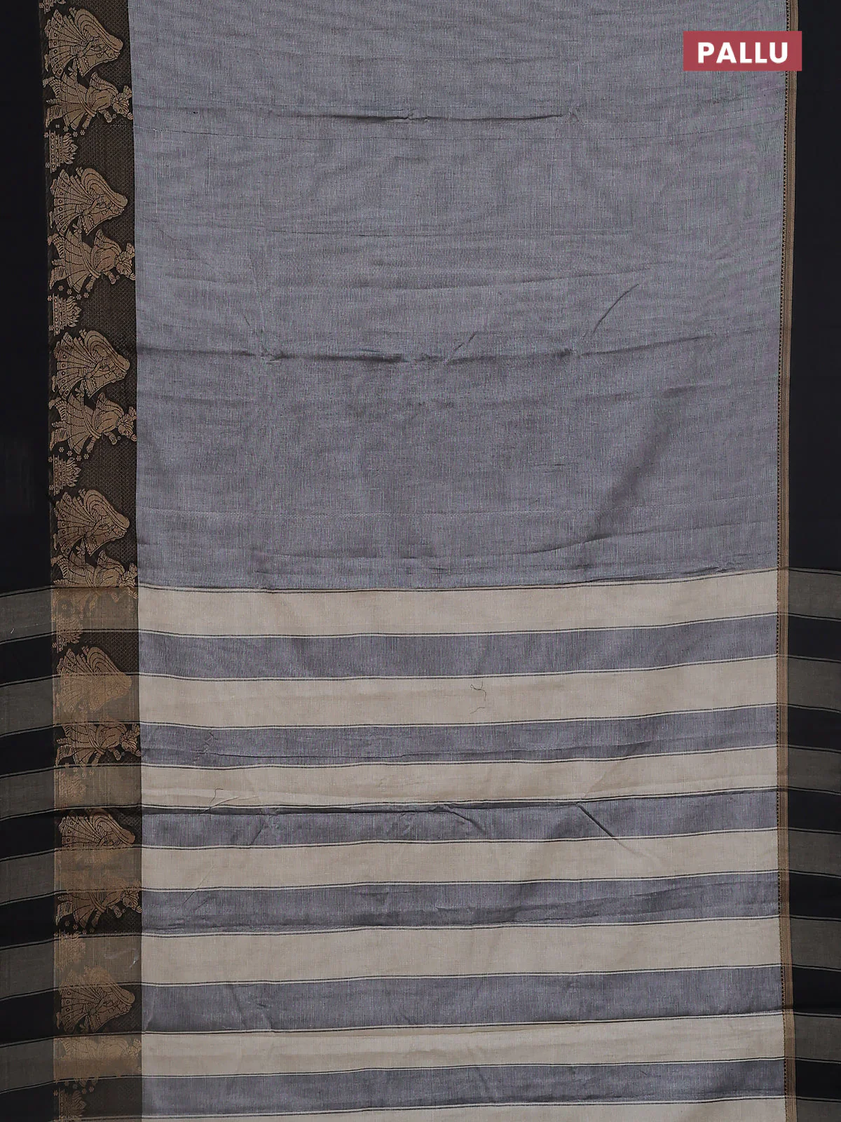 Narayanpet cotton saree grey and black with plain body and thread woven simple border - Image 3