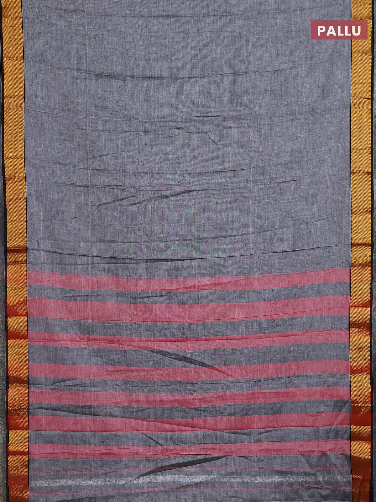 Narayanpet cotton saree grey and black with plain body and zari woven border - Image 3