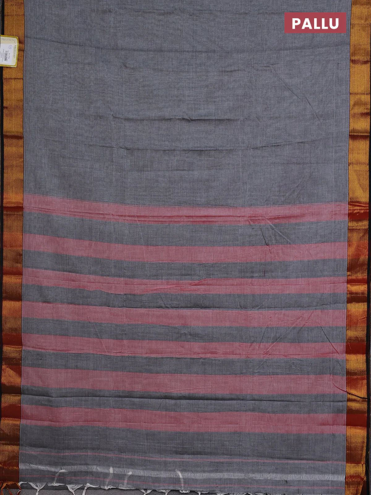 Narayanpet cotton saree grey and black with plain body and zari woven border - Image 3
