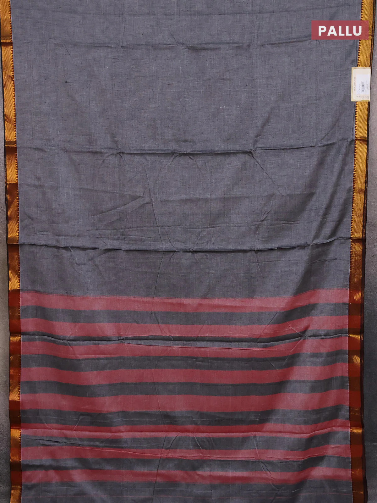 Narayanpet cotton saree grey and black with plain body with zari woven border - Image 3