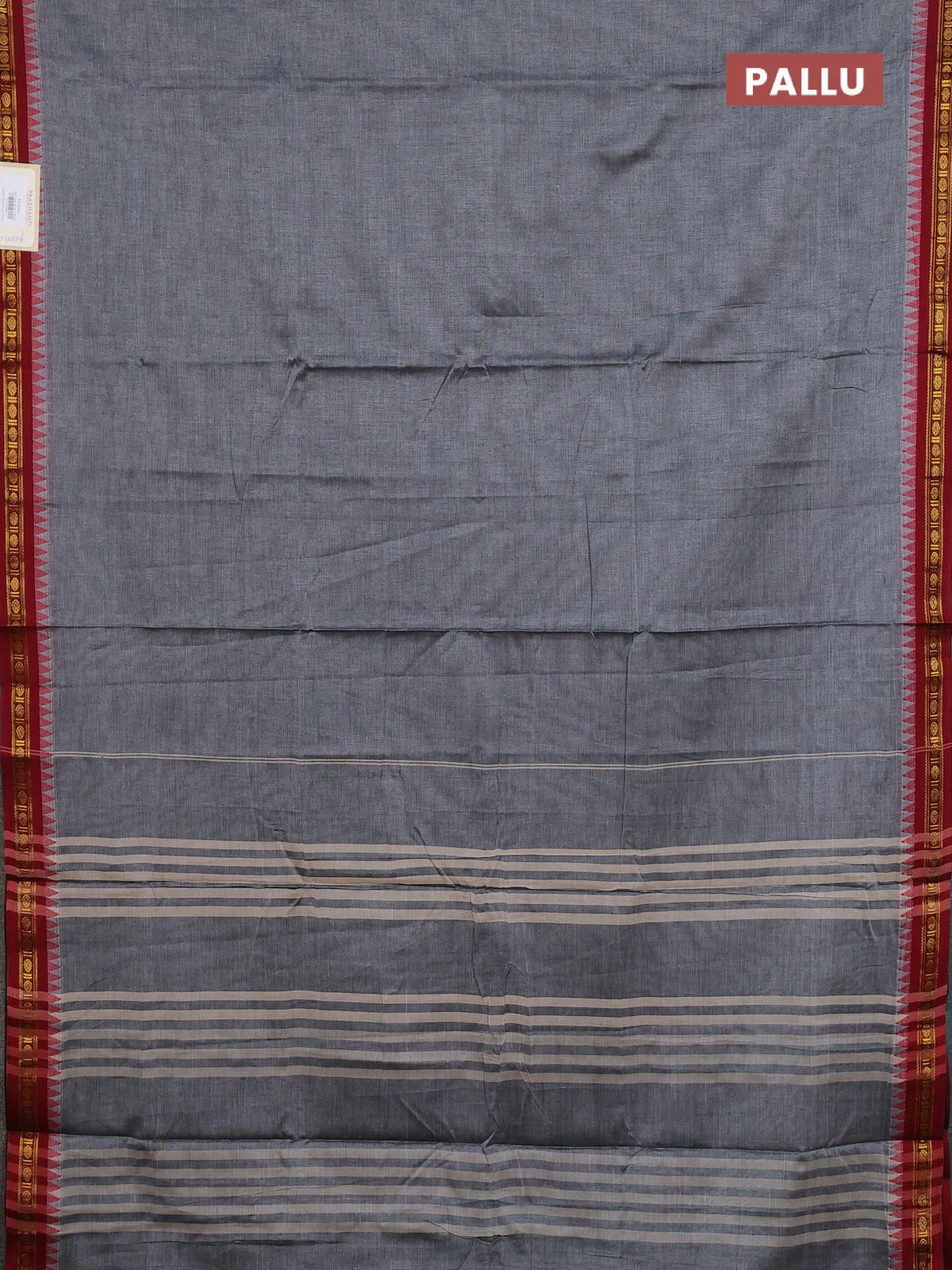 Narayanpet cotton saree grey and maroon with plain body and temple thread woven butta border - Image 3