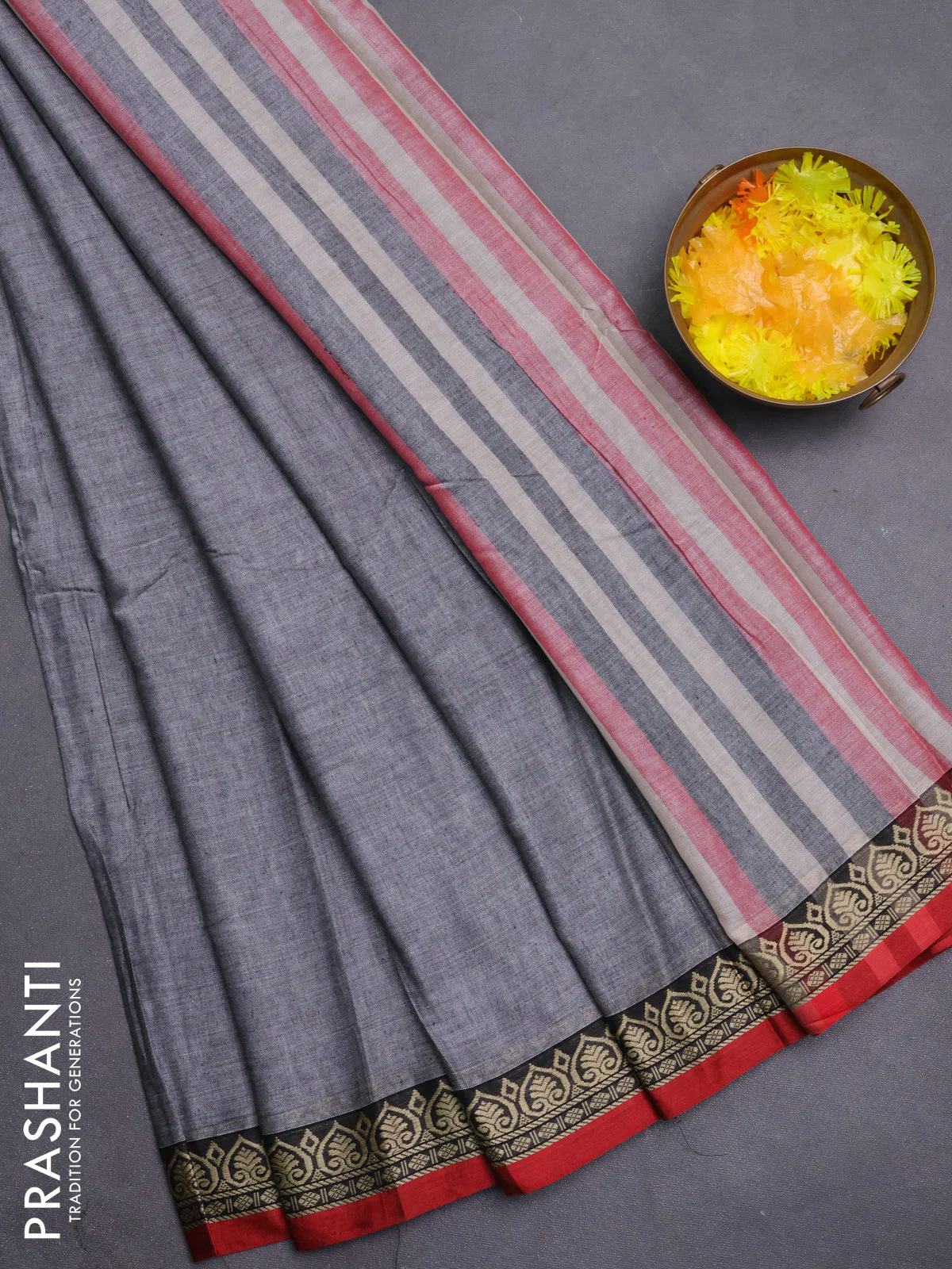 Narayanpet cotton saree grey and maroon with plain body and thread woven border