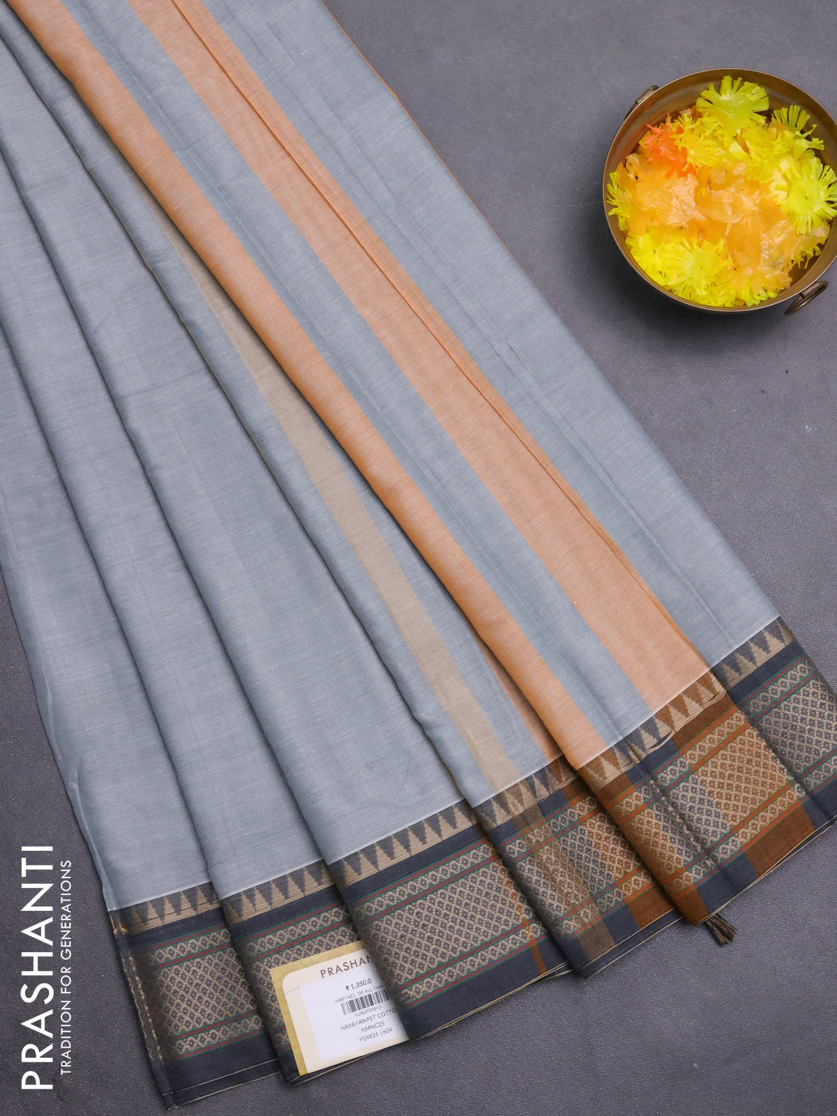 Narayanpet cotton saree grey with plain body and thread woven border