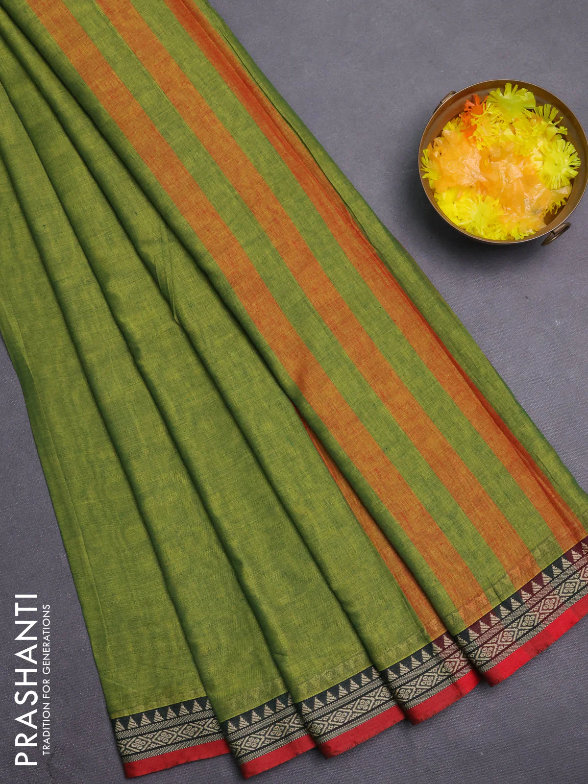 Narayanpet cotton saree light green and maroon with plain body and thread woven border