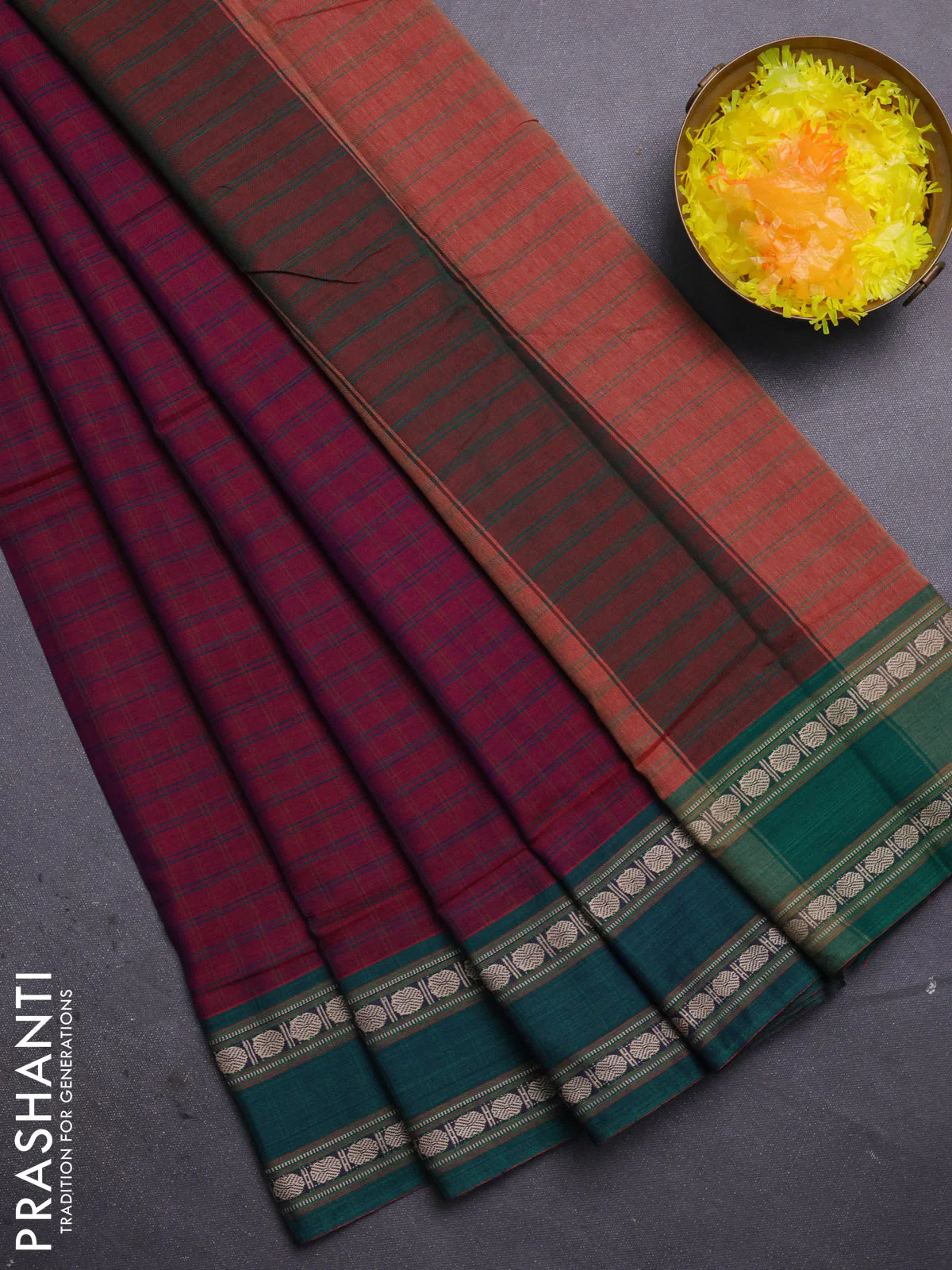 Narayanpet cotton saree magenta pink and green with allover checked pattern and rettapet thread woven border