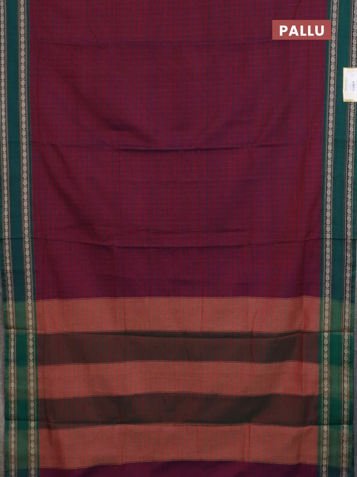 Narayanpet cotton saree magenta pink and green with allover checked pattern and rettapet thread woven border - Image 3