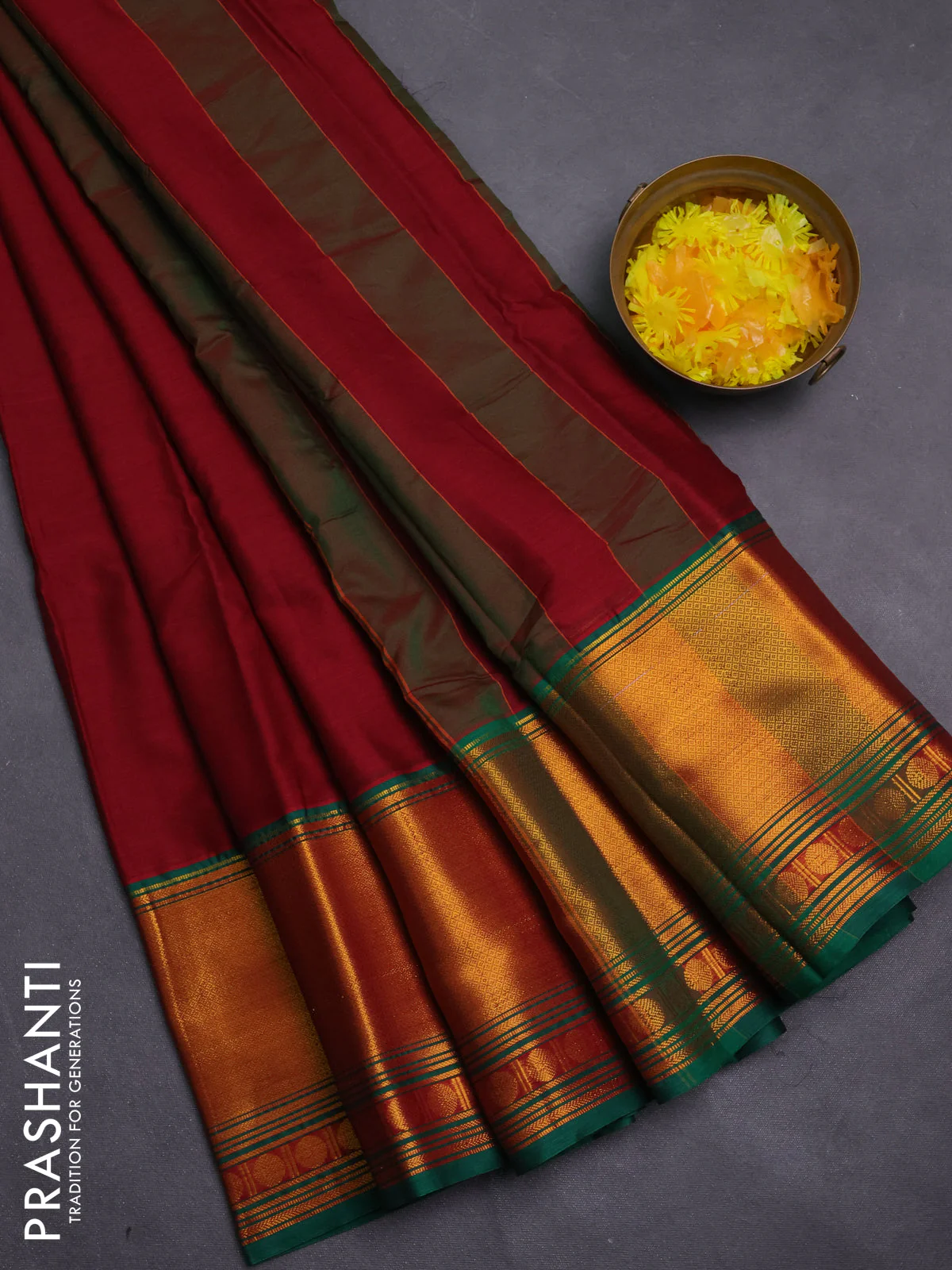 Narayanpet cotton saree maroon and green with plain body and long zari woven border