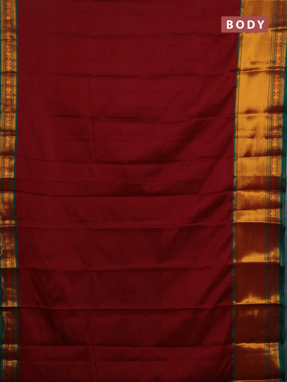 Narayanpet cotton saree maroon and green with plain body and long zari woven border - Image 2