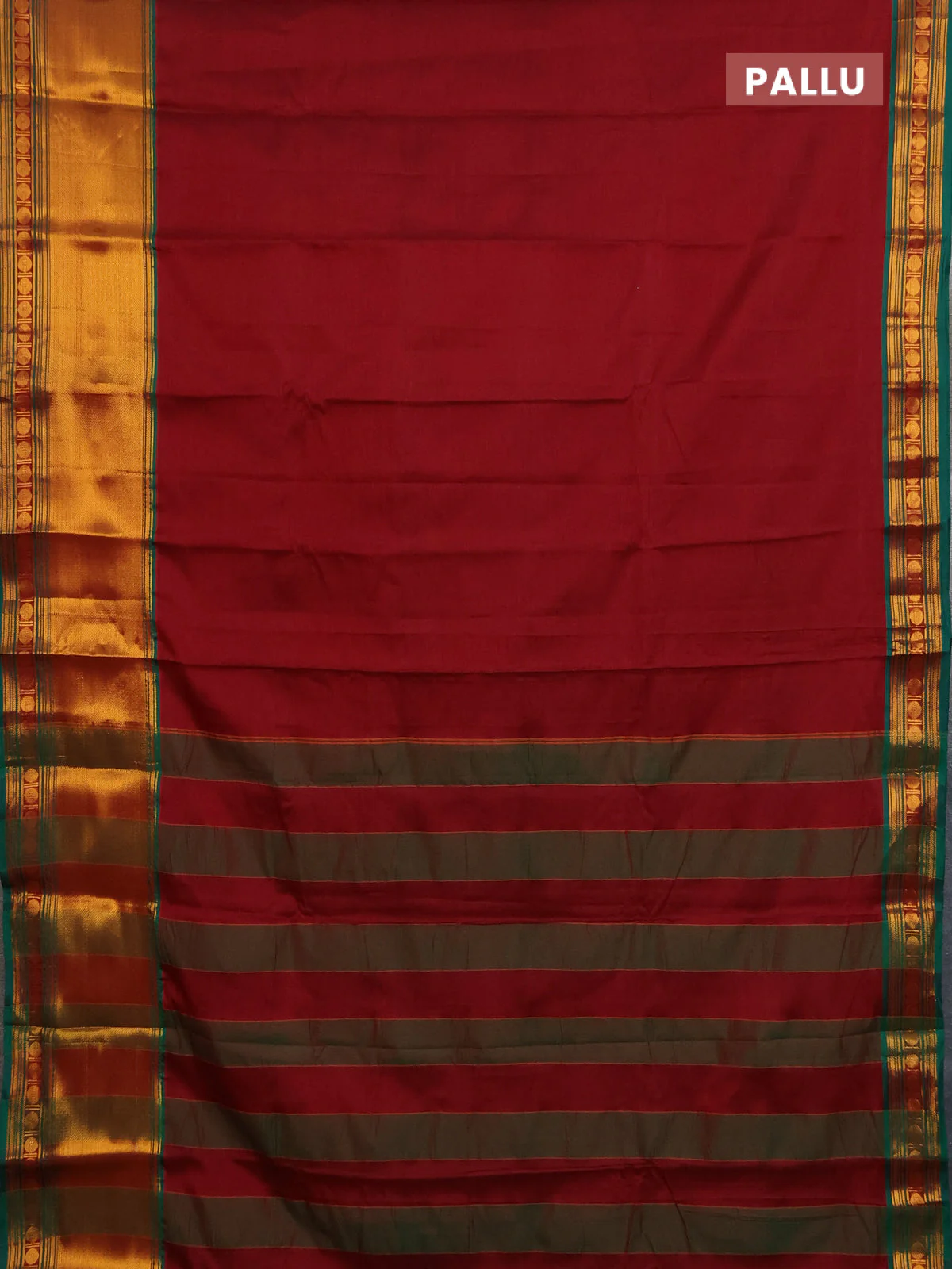 Narayanpet cotton saree maroon and green with plain body and long zari woven border - Image 3