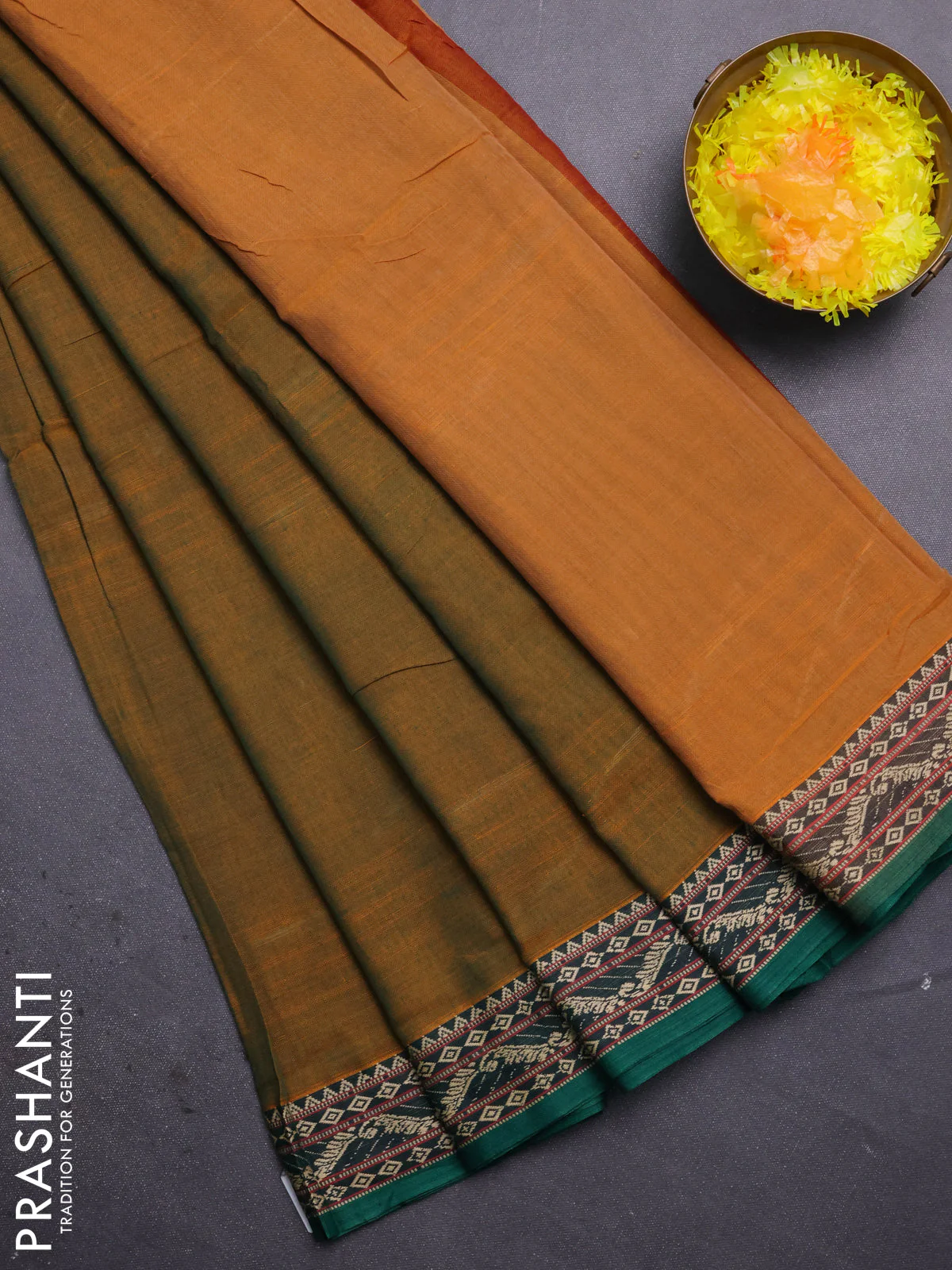 Narayanpet cotton saree mustard green and green with plain body and thread woven border