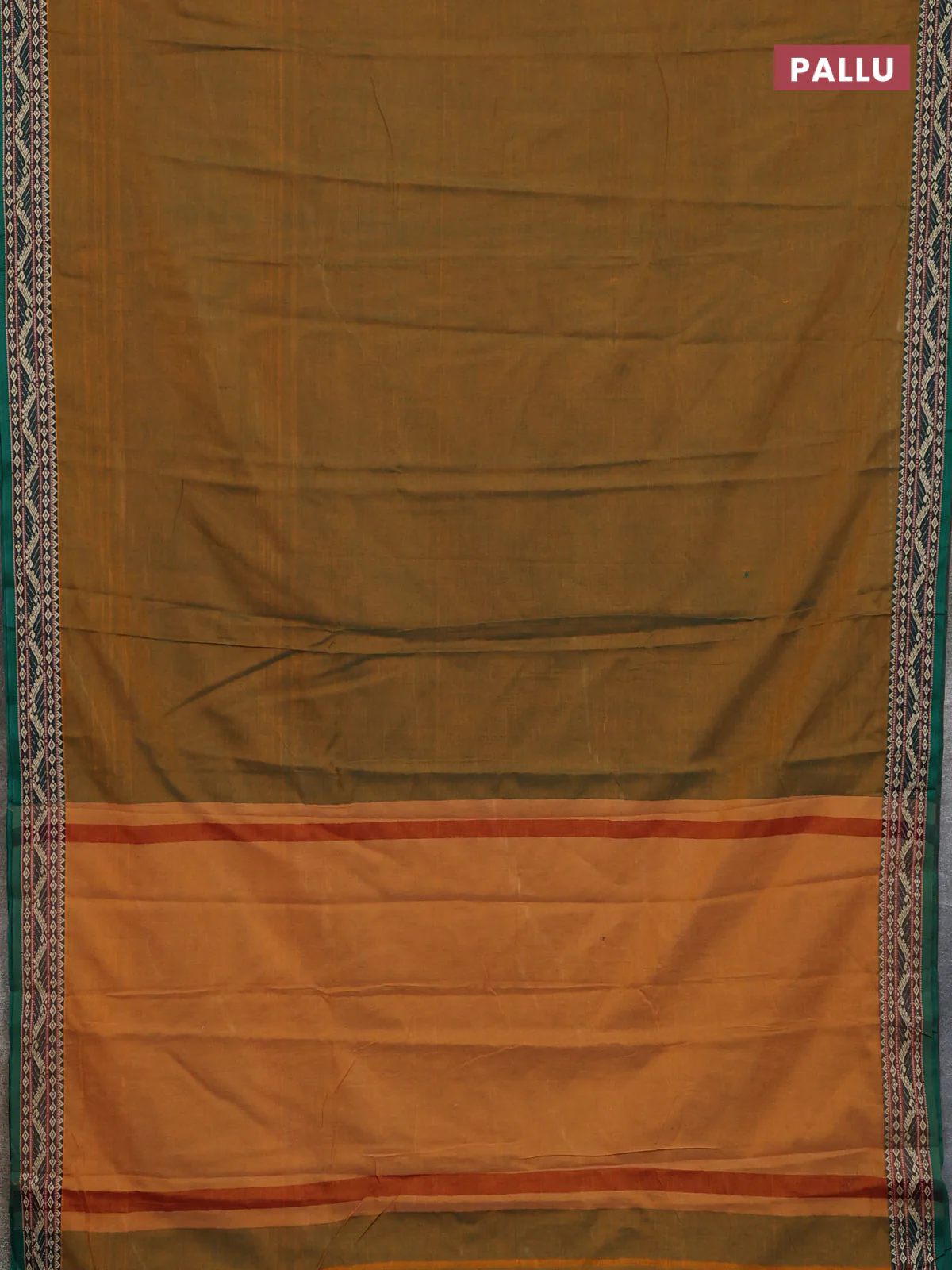 Narayanpet cotton saree mustard green and green with plain body and thread woven border - Image 3