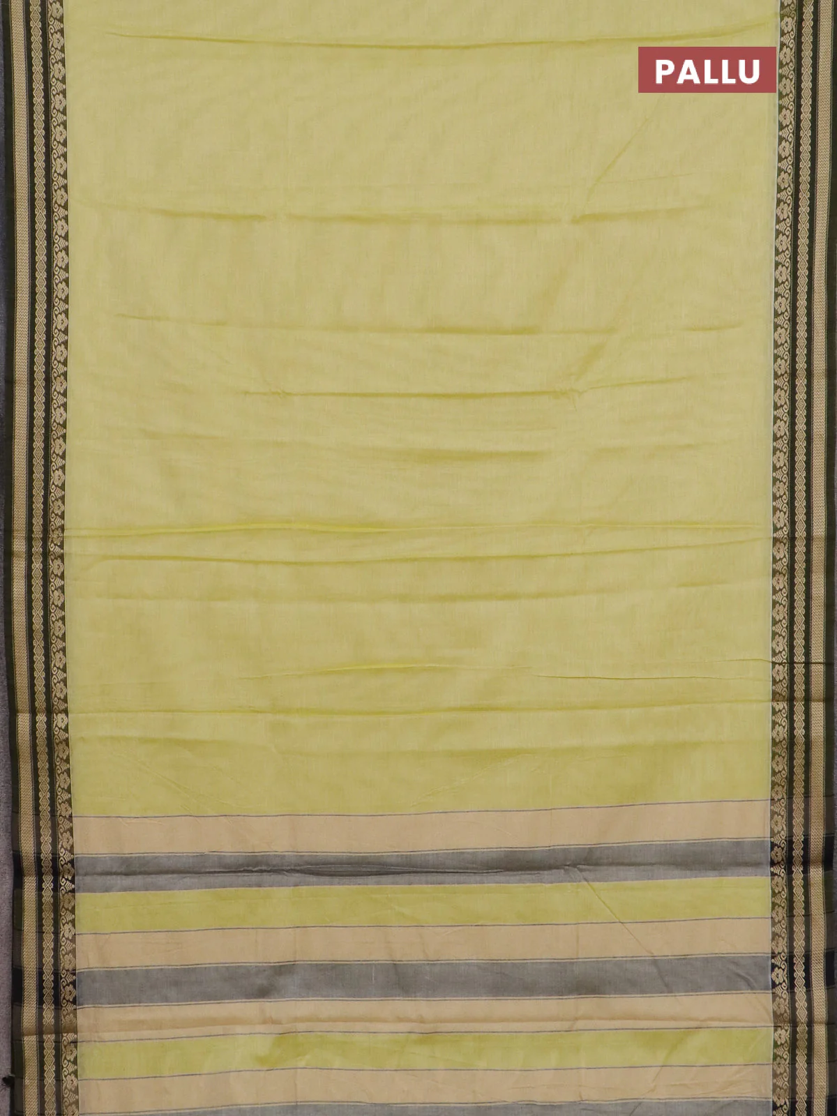 Narayanpet cotton saree pale yellow and green with plain body and thread woven border - Image 3