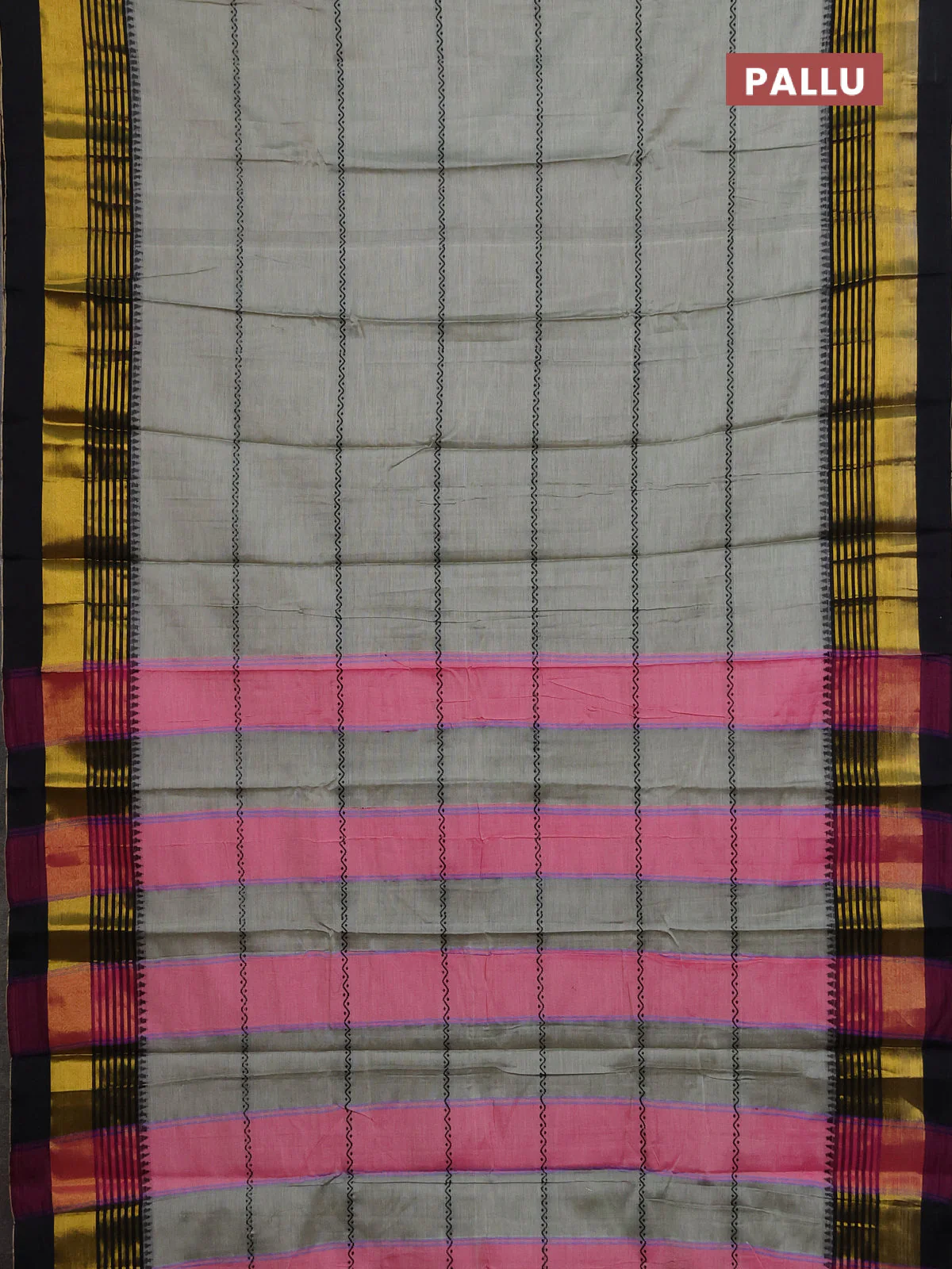 Narayanpet cotton saree pastel green and black with thread weaves and zari woven border - Image 3