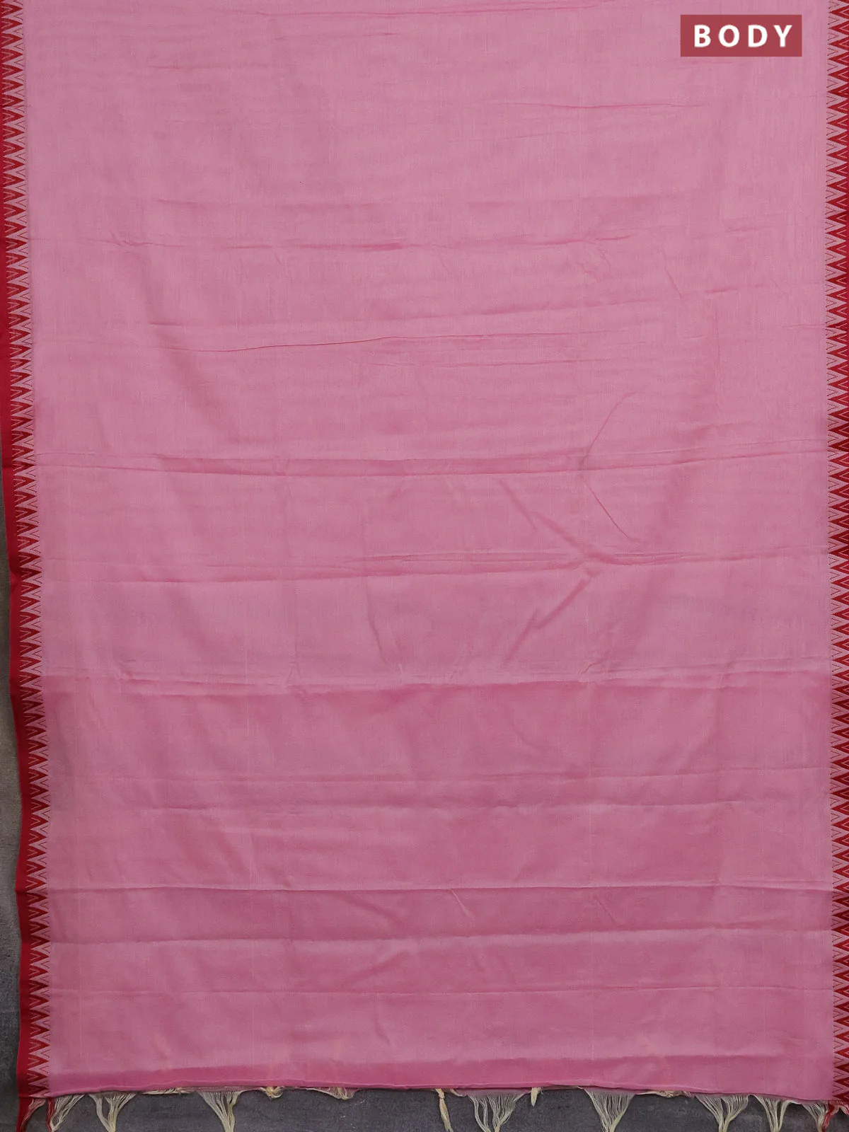 Narayanpet cotton saree peach pink and maroon with plain body and temple thread woven border - Image 2