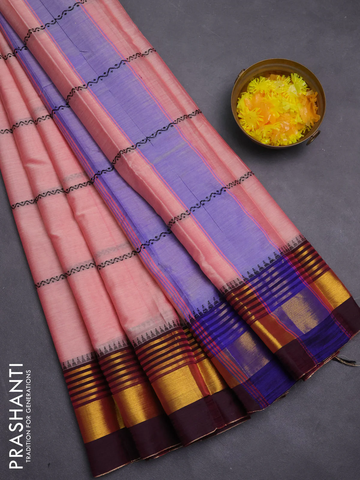Narayanpet cotton saree peach shade and deep maroon with thread weaves and zari woven border