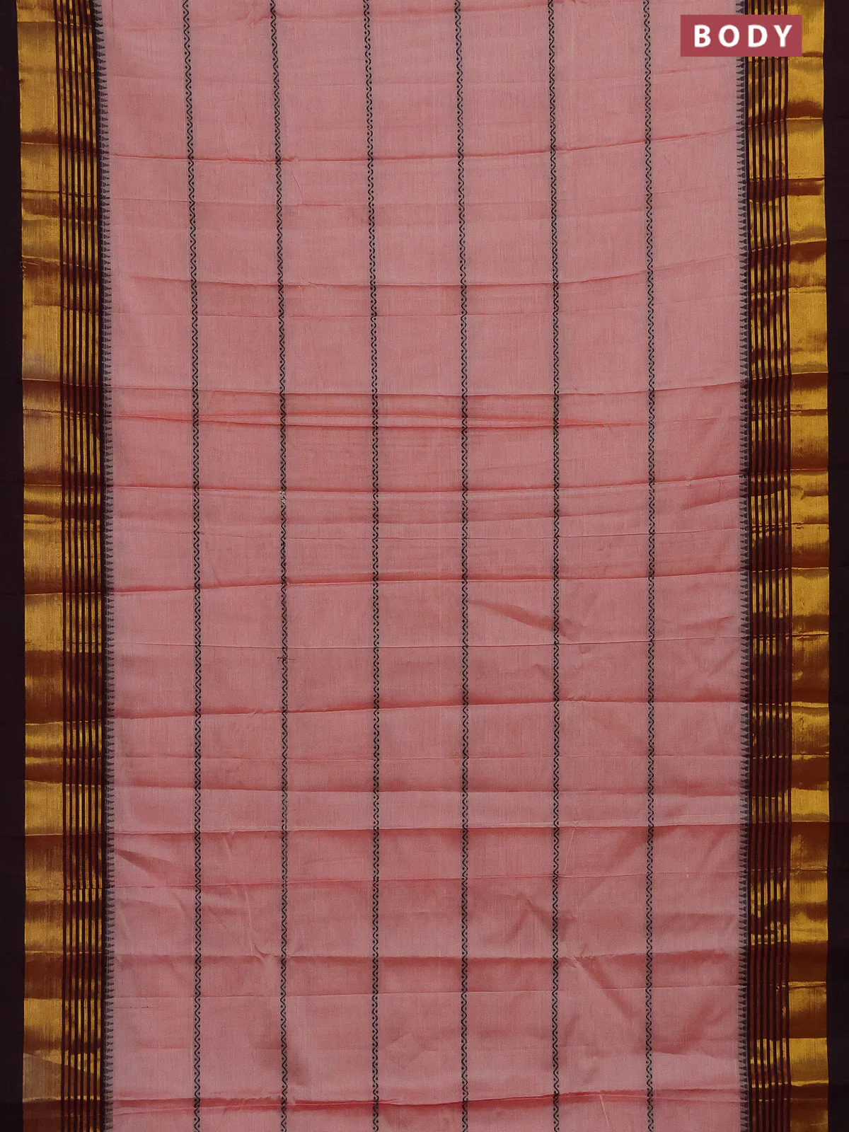 Narayanpet cotton saree peach shade and deep maroon with thread weaves and zari woven border - Image 2