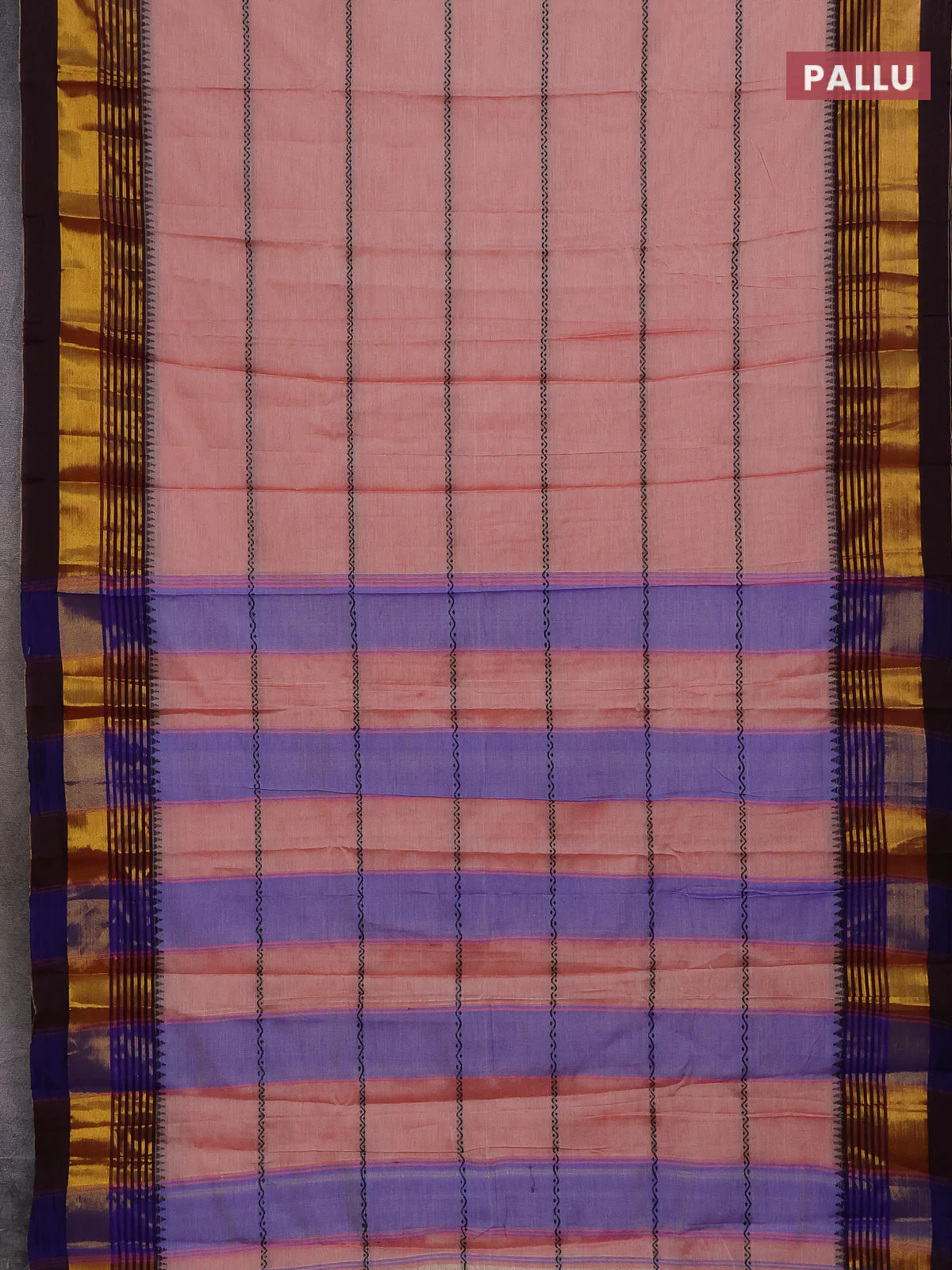 Narayanpet cotton saree peach shade and deep maroon with thread weaves and zari woven border - Image 3