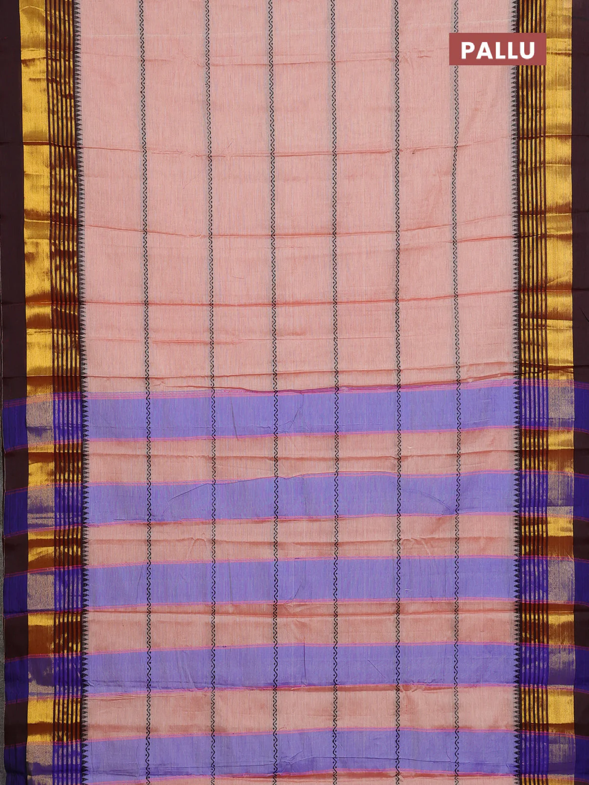 Narayanpet cotton saree peach shade and deep maroon with thread weaves and zari woven border - Image 3