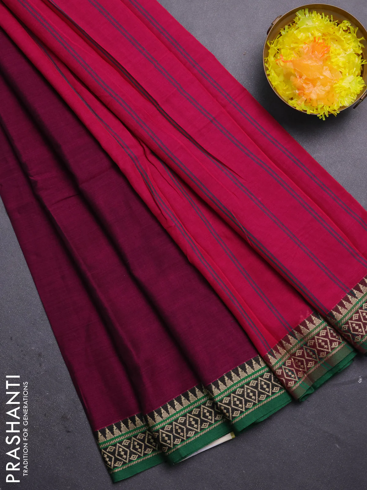 Narayanpet cotton saree purple and green with plain body and thread woven border
