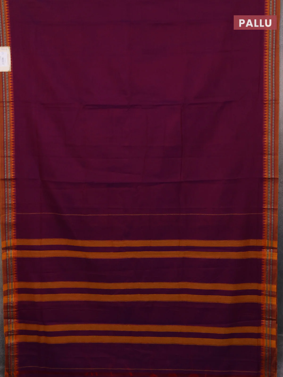 Narayanpet cotton saree purple and mustard yellow with plain body and thread woven border - Image 3