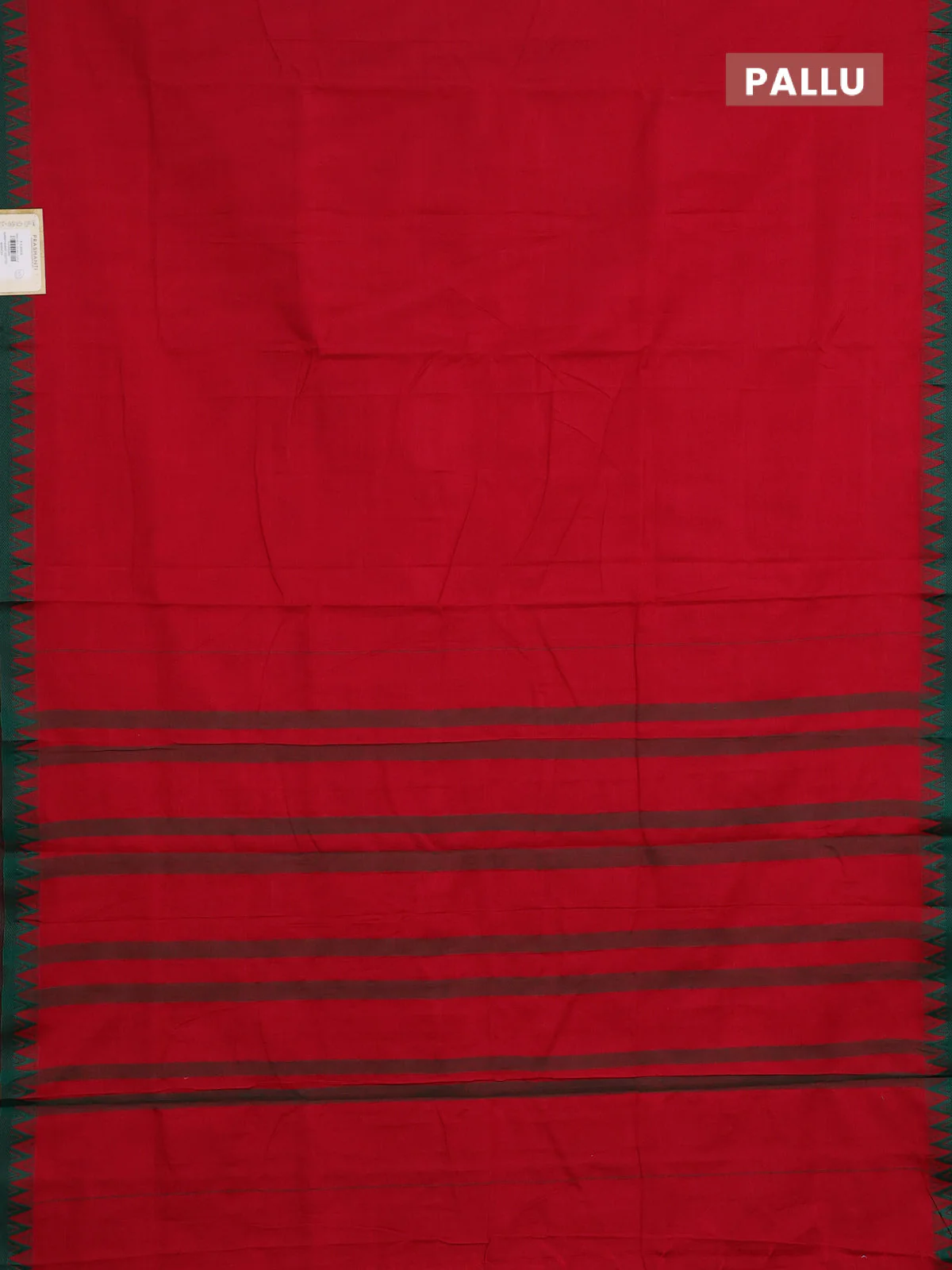 Narayanpet cotton saree red and green with plain body and temple thread woven border - Image 3