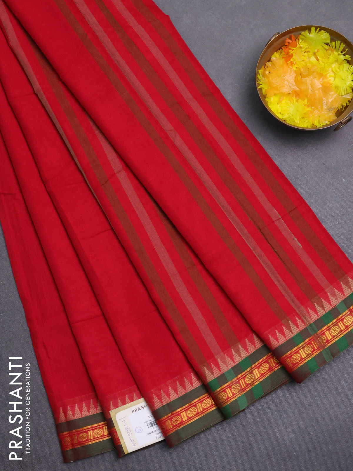 Narayanpet cotton saree red and green with plain body and temple thread woven butta border