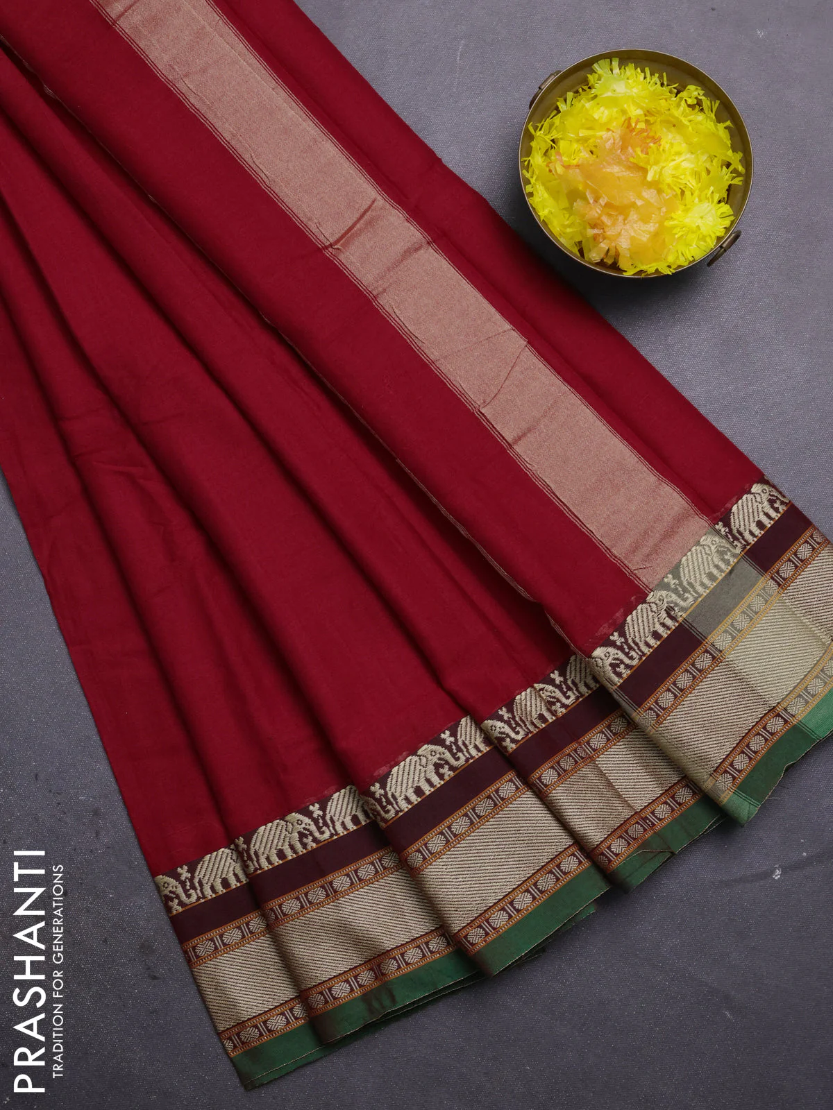 Narayanpet cotton saree red and green with plain body and thread woven border