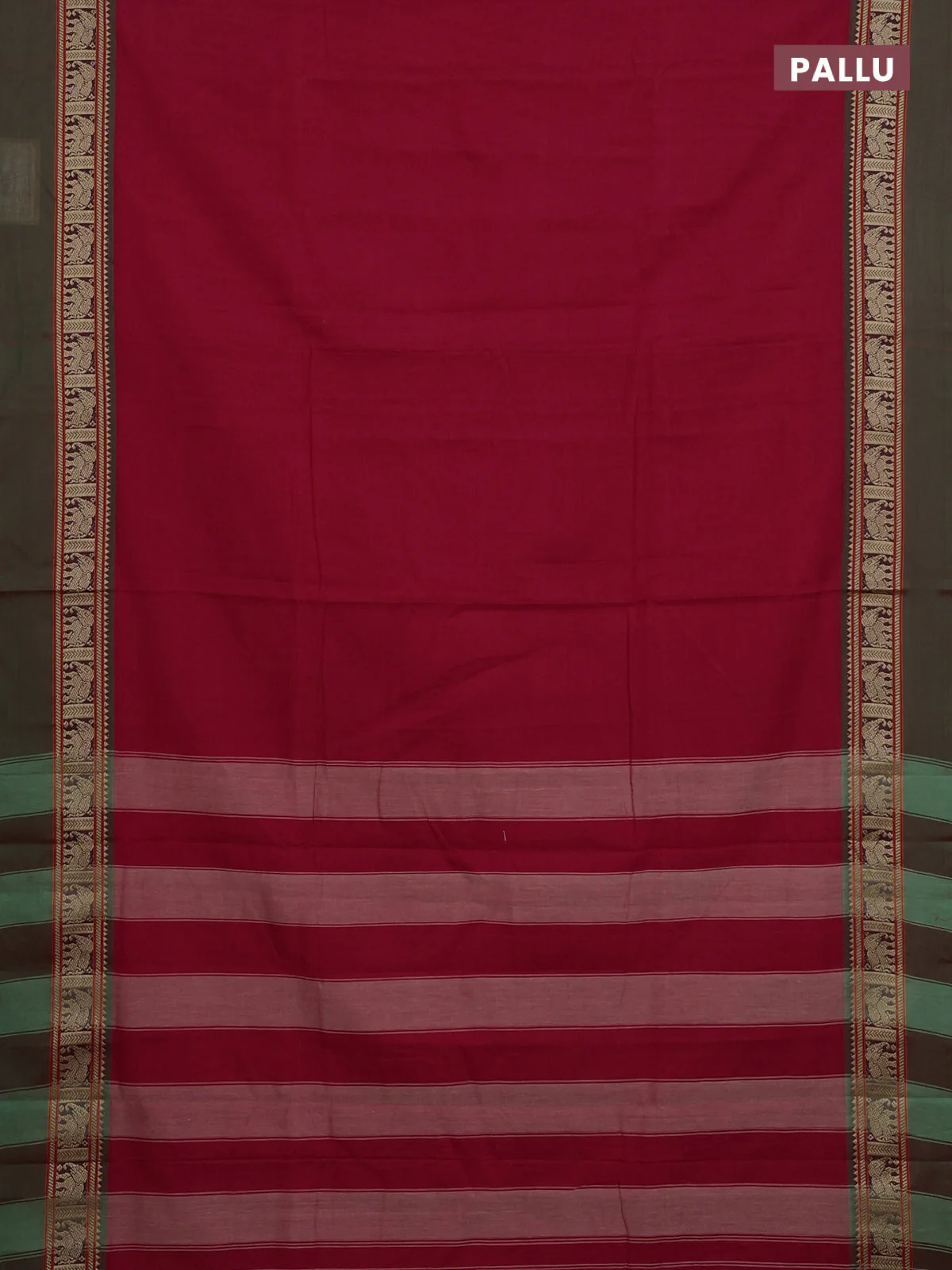 Narayanpet cotton saree red and light green with plain body and elephant thread woven simple border - Image 3