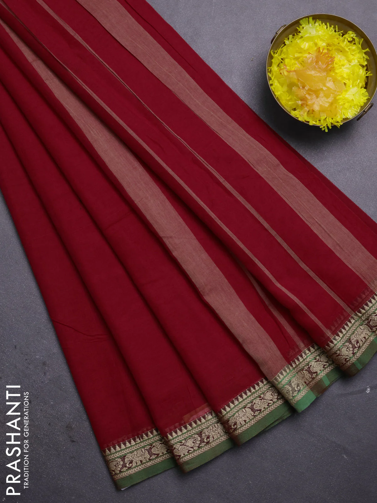 Narayanpet cotton saree red and light green with plain body and thread woven border