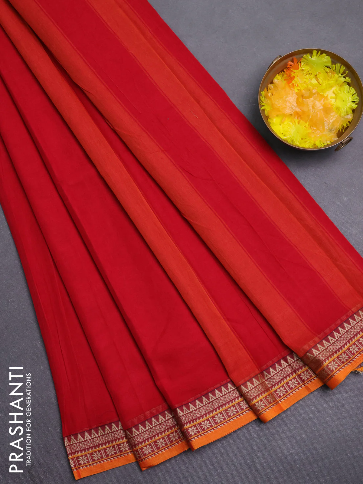 Narayanpet cotton saree red and mustard yellow with plain body and thread woven border