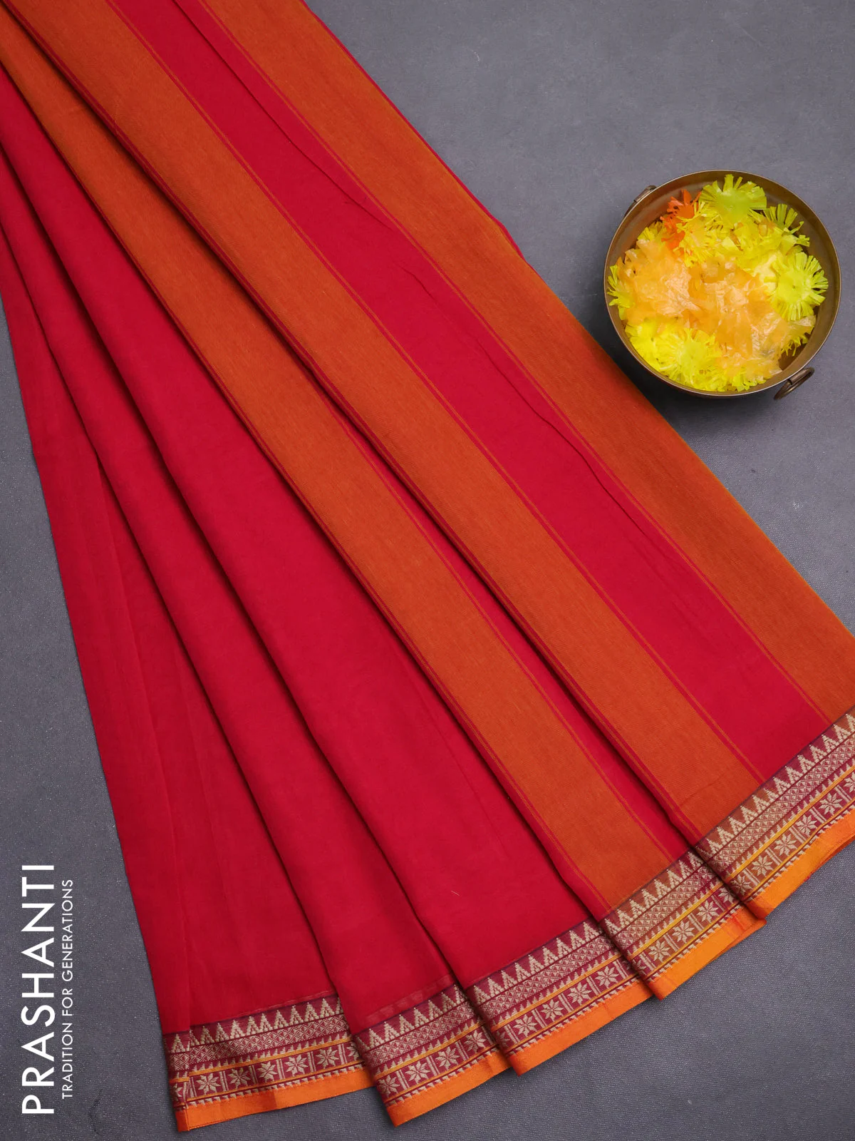 Narayanpet cotton saree red and mustard yellow with plain body and thread woven border