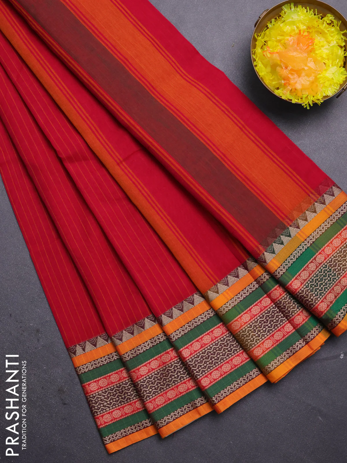 Narayanpet cotton saree red and orange with allover stripes pattern and rettapet thread woven border