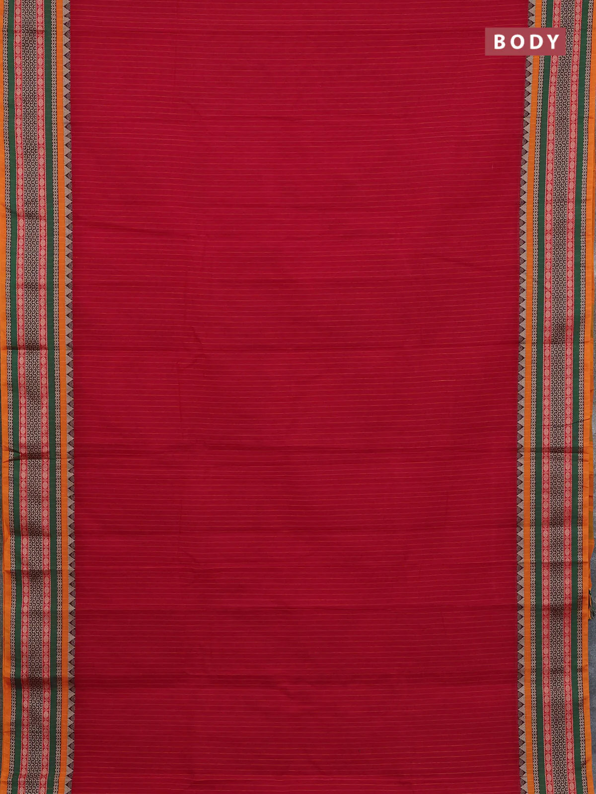 Narayanpet cotton saree red and orange with allover stripes pattern and rettapet thread woven border - Image 2