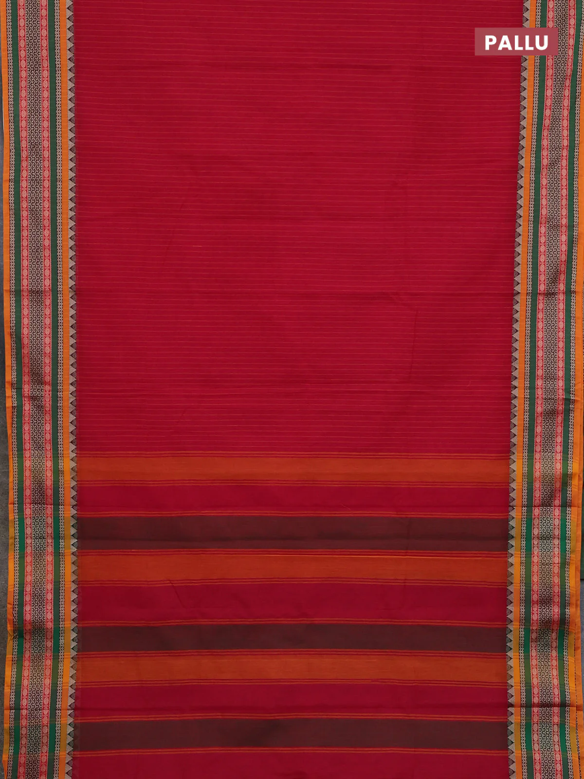 Narayanpet cotton saree red and orange with allover stripes pattern and rettapet thread woven border - Image 3