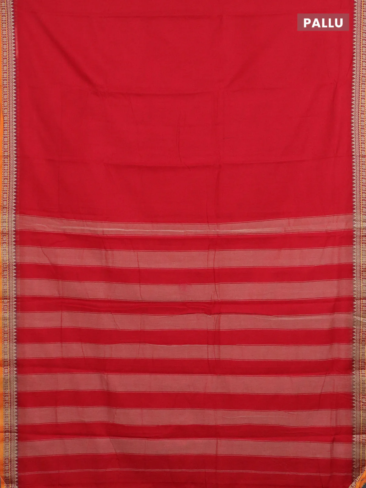 Narayanpet cotton saree red and orange with plain body and temple thread woven border - Image 3