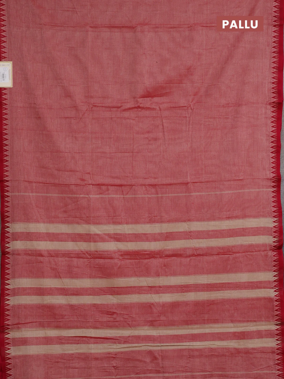 Narayanpet cotton saree red shade and pink with plain body and temple thread woven border - Image 3