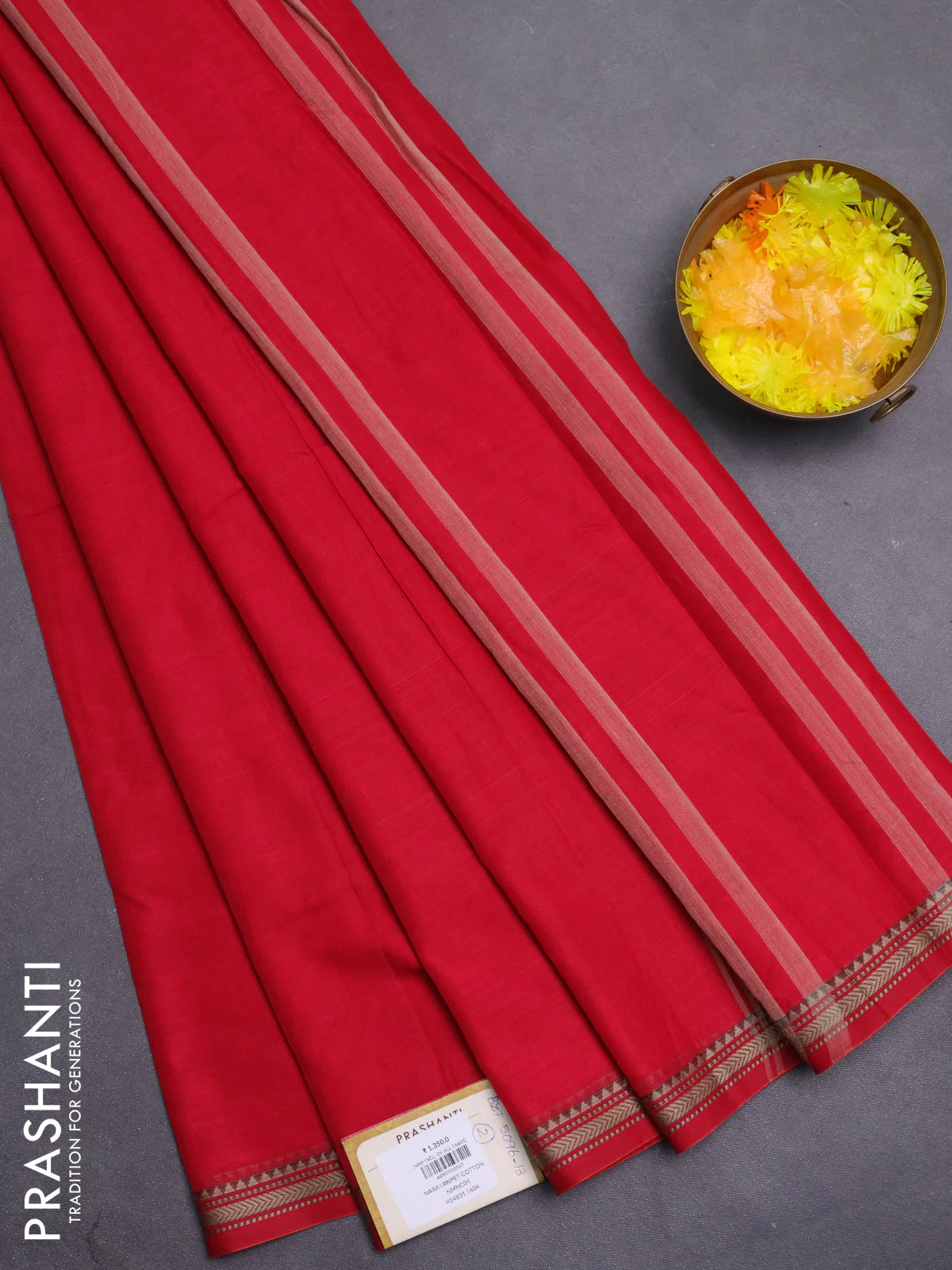 Narayanpet cotton saree red with plain body and thread woven border