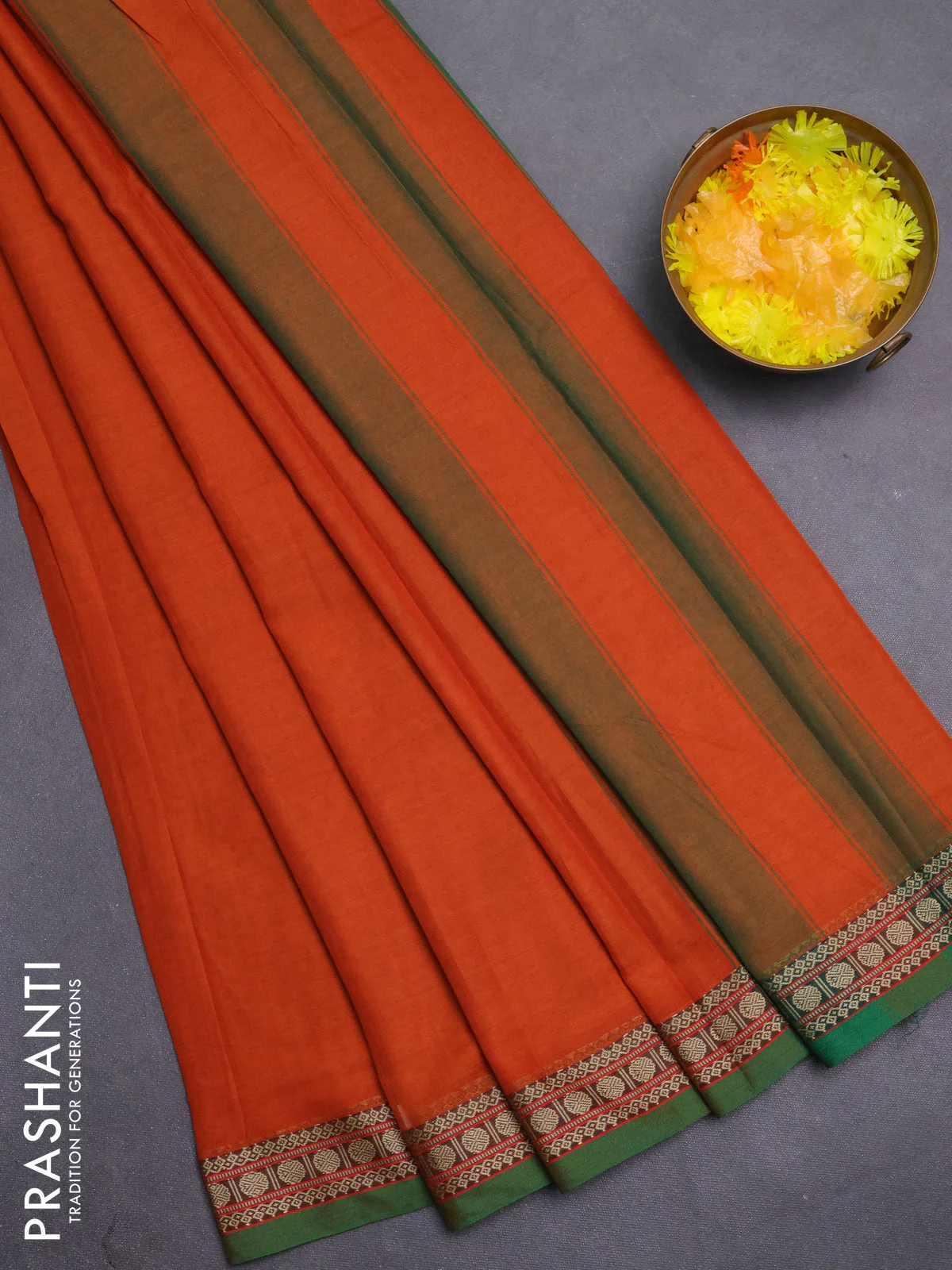 Narayanpet cotton saree rust shade and green with plain body and thread woven border