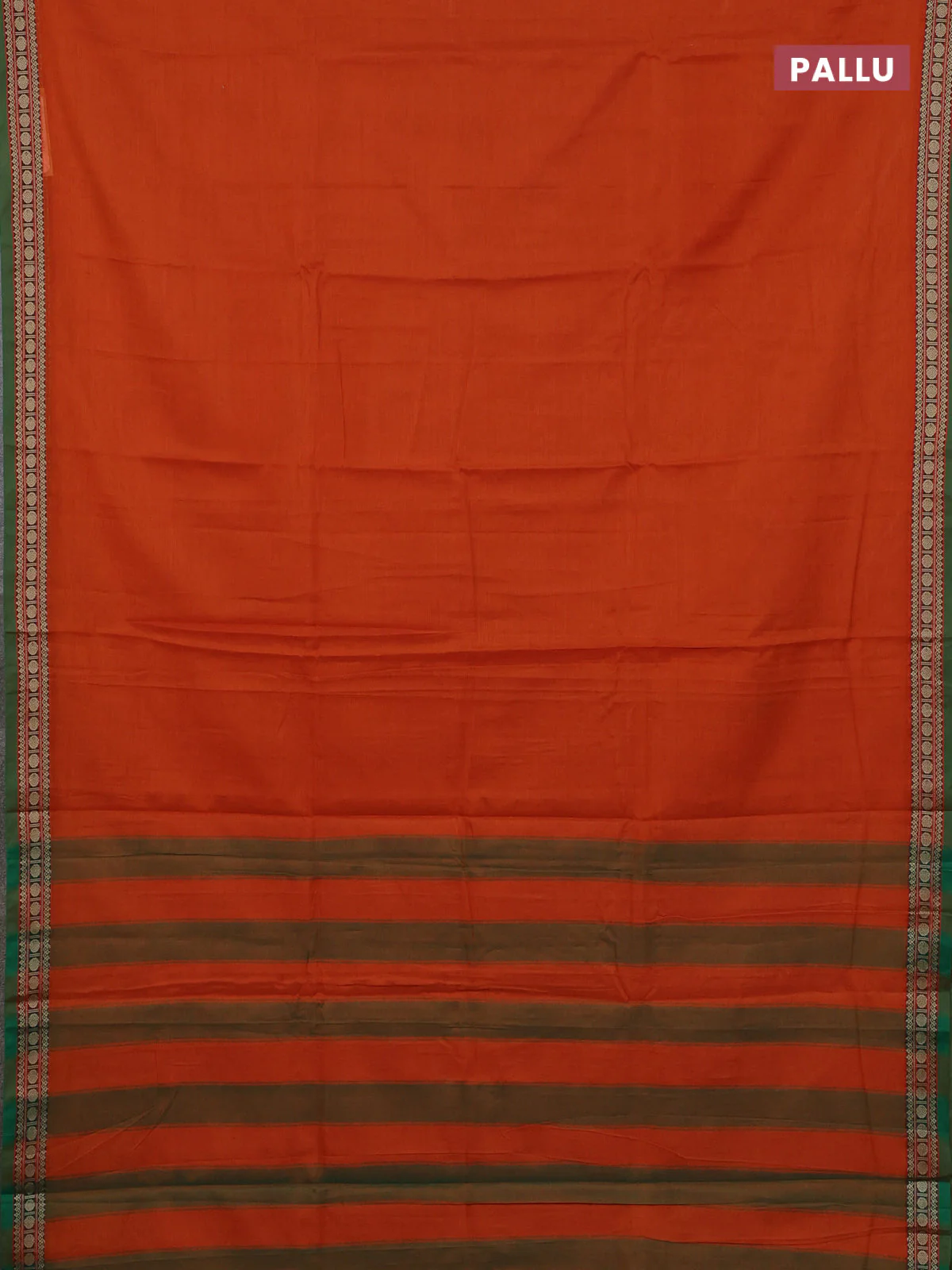 Narayanpet cotton saree rust shade and green with plain body and thread woven border - Image 3