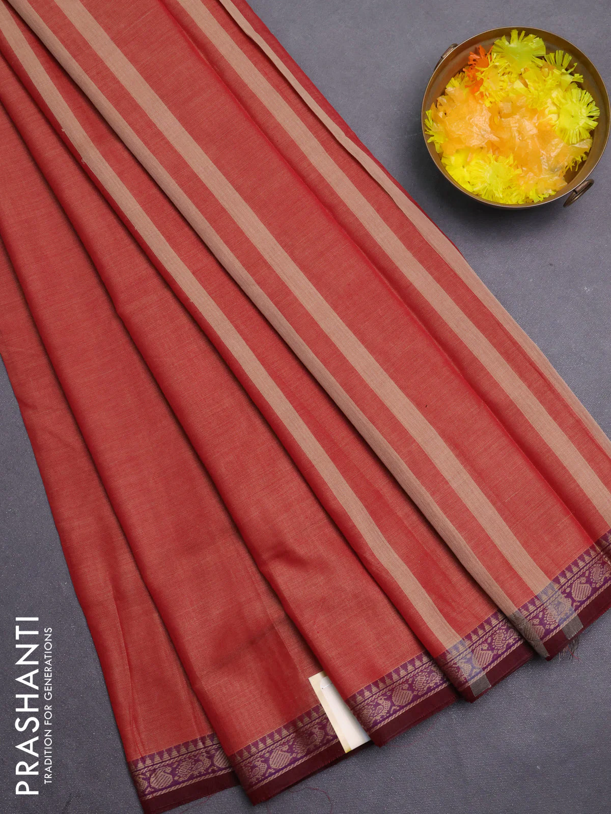 Narayanpet cotton saree rust shade and maroon with plain body and thread woven border