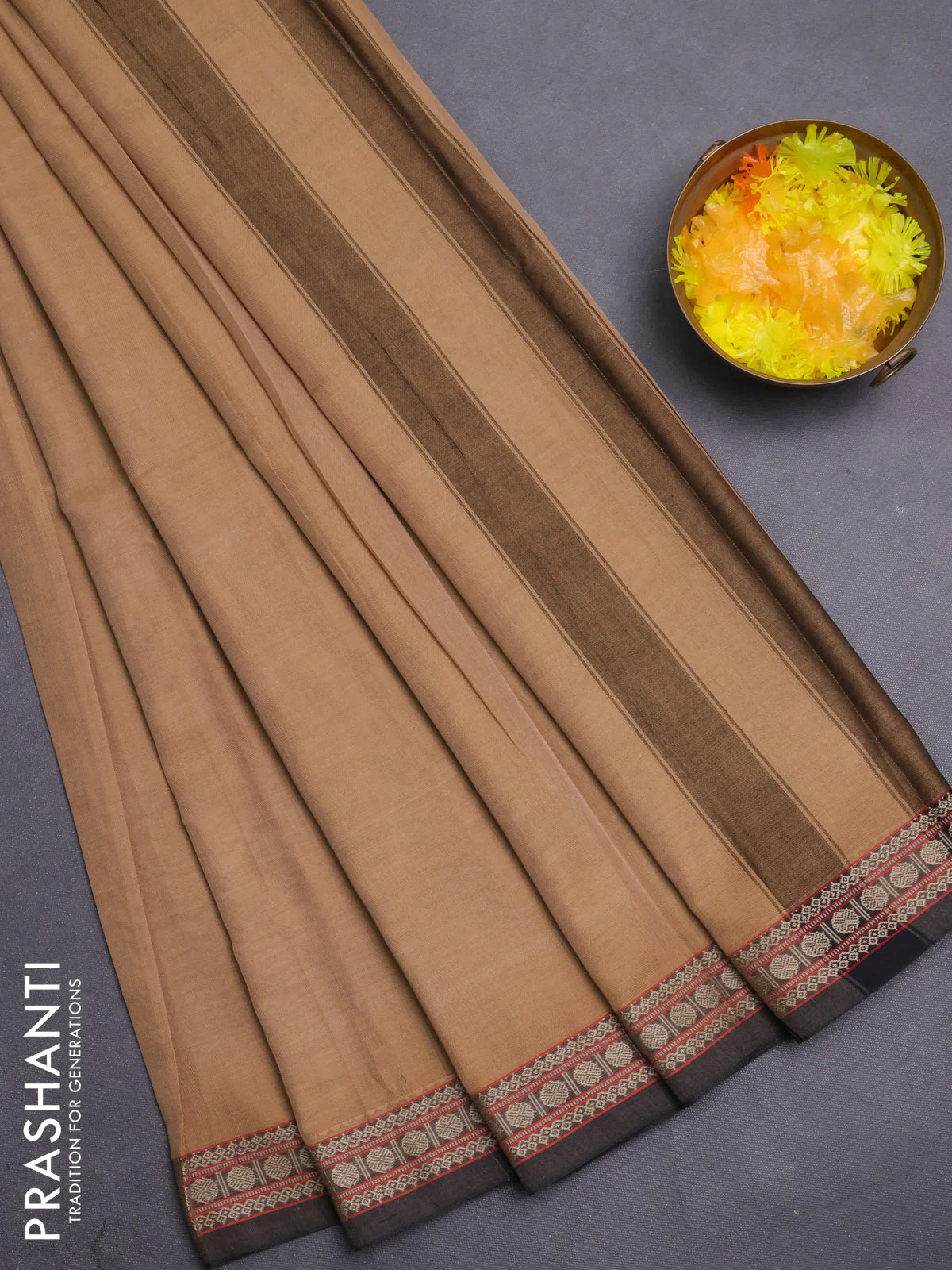 Narayanpet cotton saree sandal and black with plain body and thread woven border