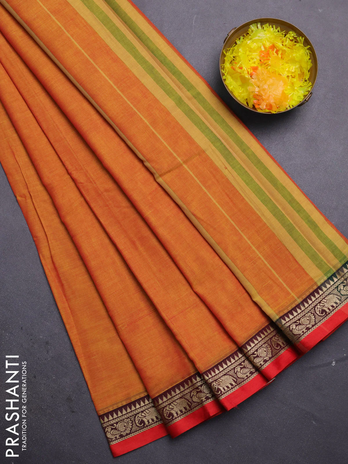Narayanpet cotton saree sunset orange and red with plain body and thread woven border