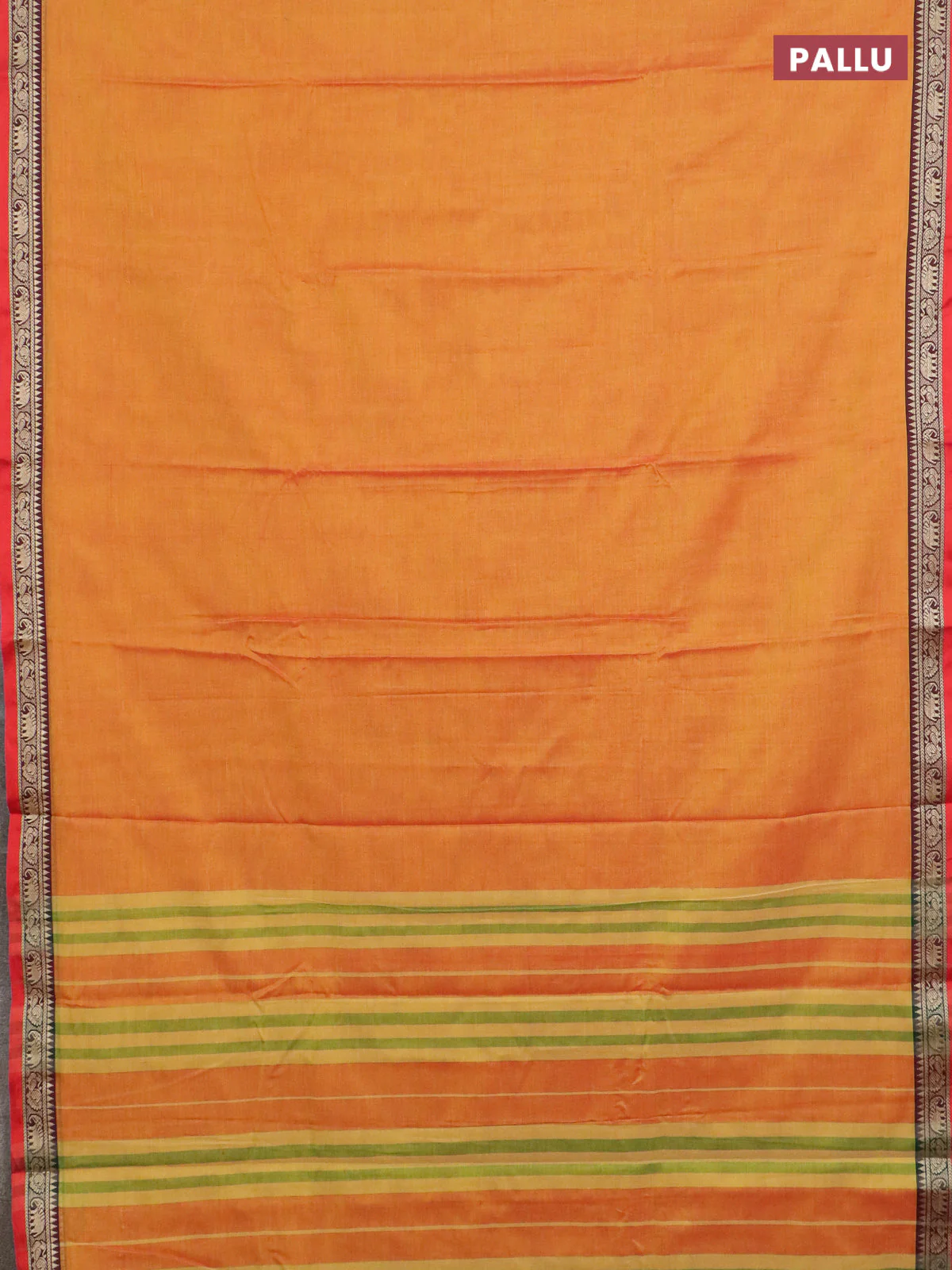 Narayanpet cotton saree sunset orange and red with plain body and thread woven border - Image 3