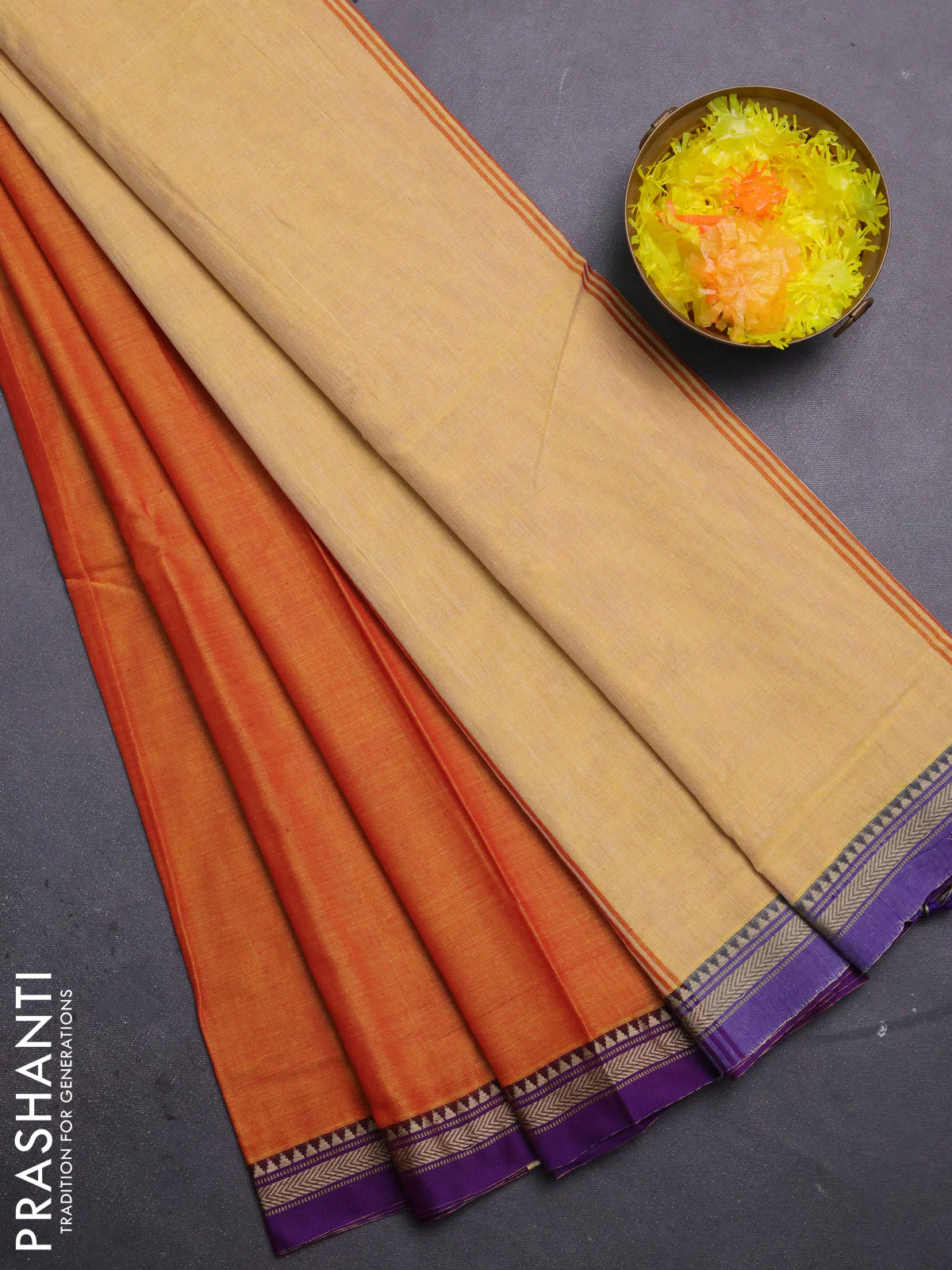 Narayanpet cotton saree sunset orange and violet with plain body and thread woven border