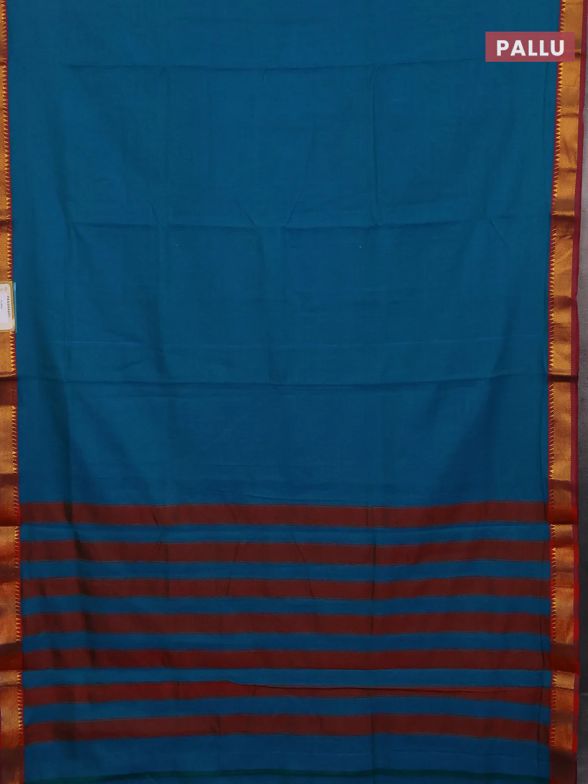 Narayanpet cotton saree teal blue and rust shade with plain body with zari woven border - Image 3