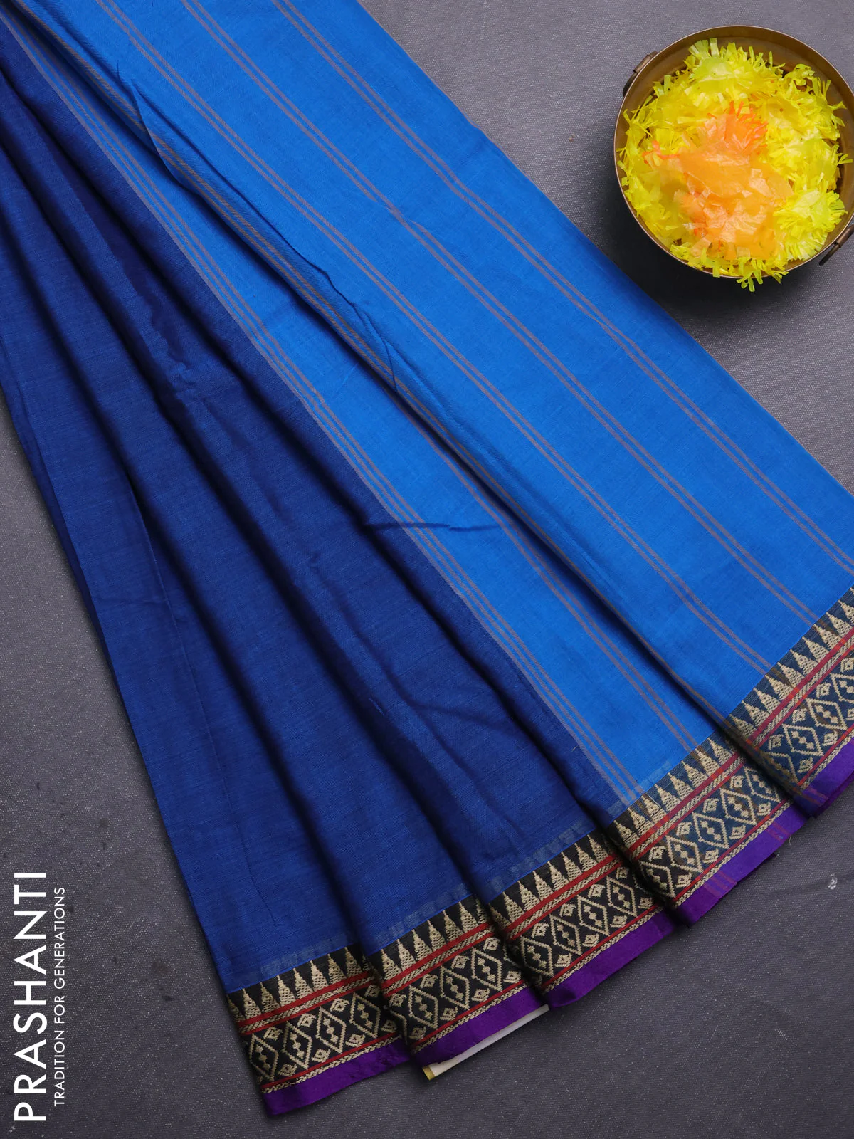 Narayanpet cotton saree teal blue and violet with plain body and thread woven border