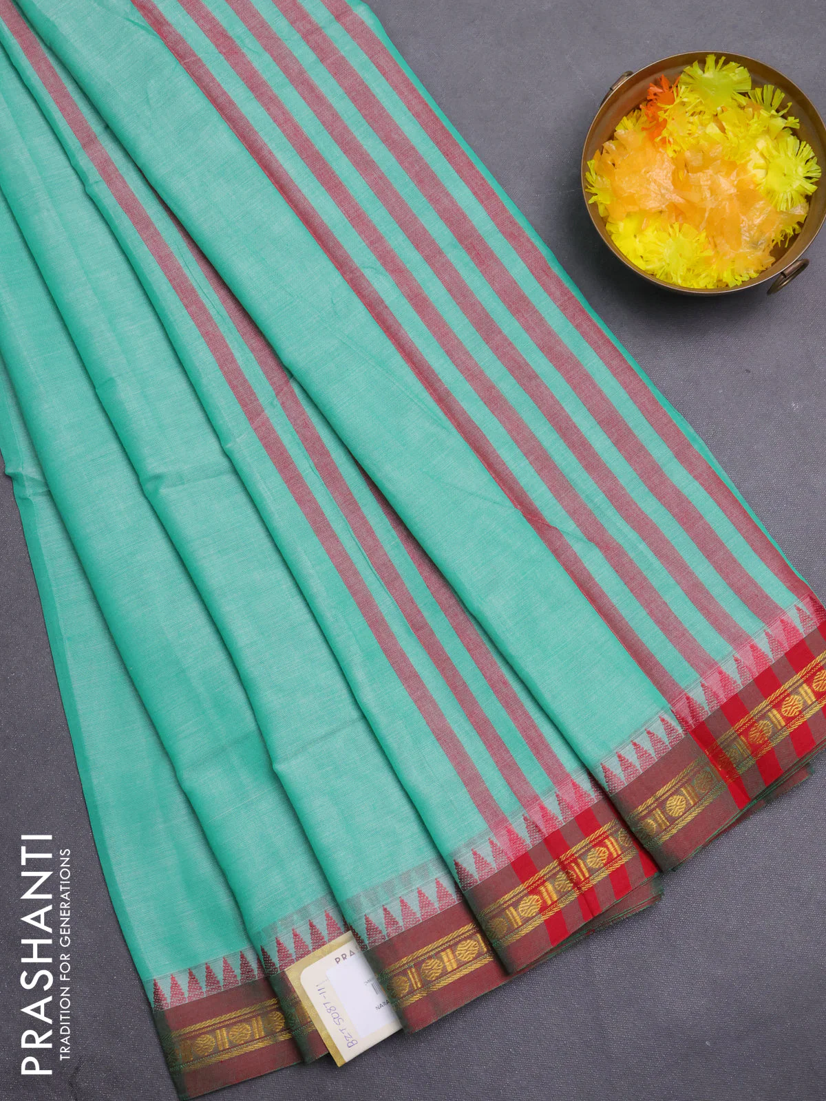 Narayanpet cotton saree teal green and maroon with plain body and temple thread woven butta border