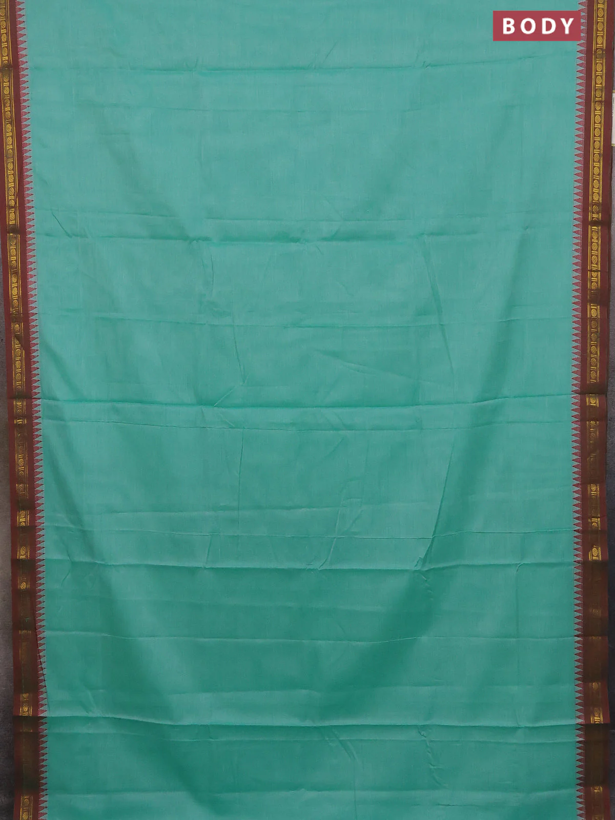 Narayanpet cotton saree teal green and maroon with plain body and temple thread woven butta border - Image 2