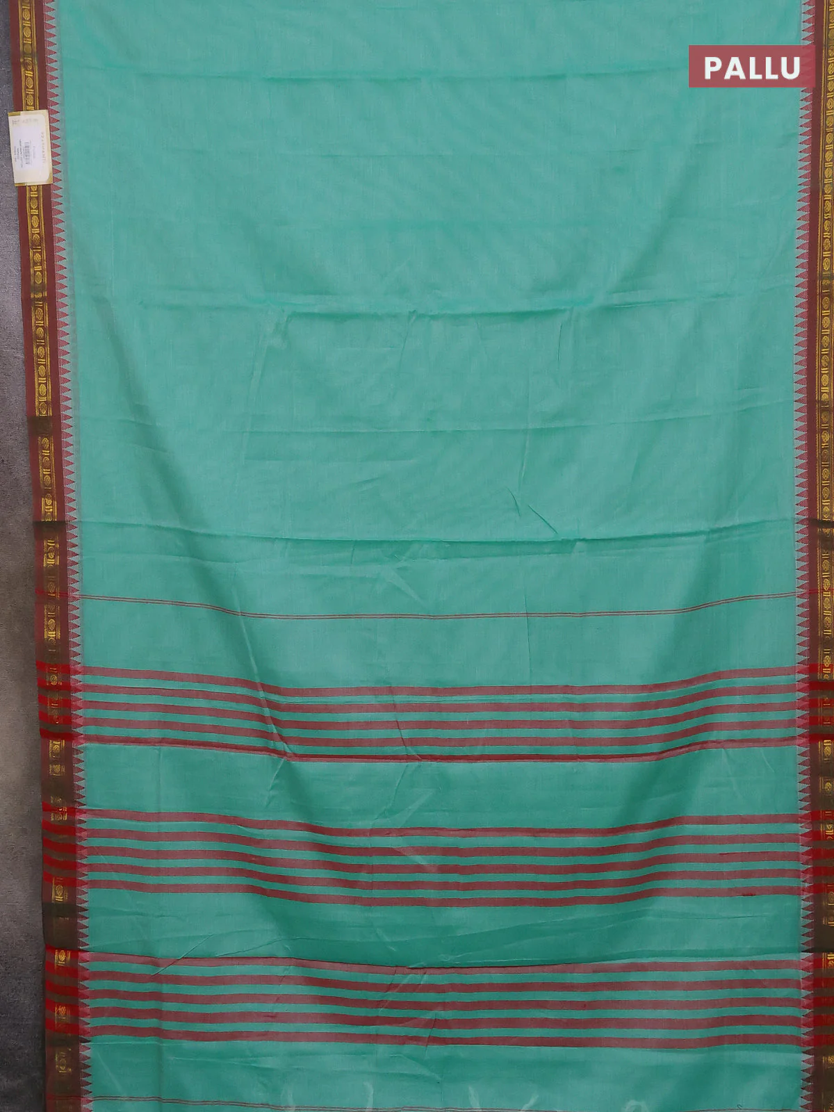 Narayanpet cotton saree teal green and maroon with plain body and temple thread woven butta border - Image 3